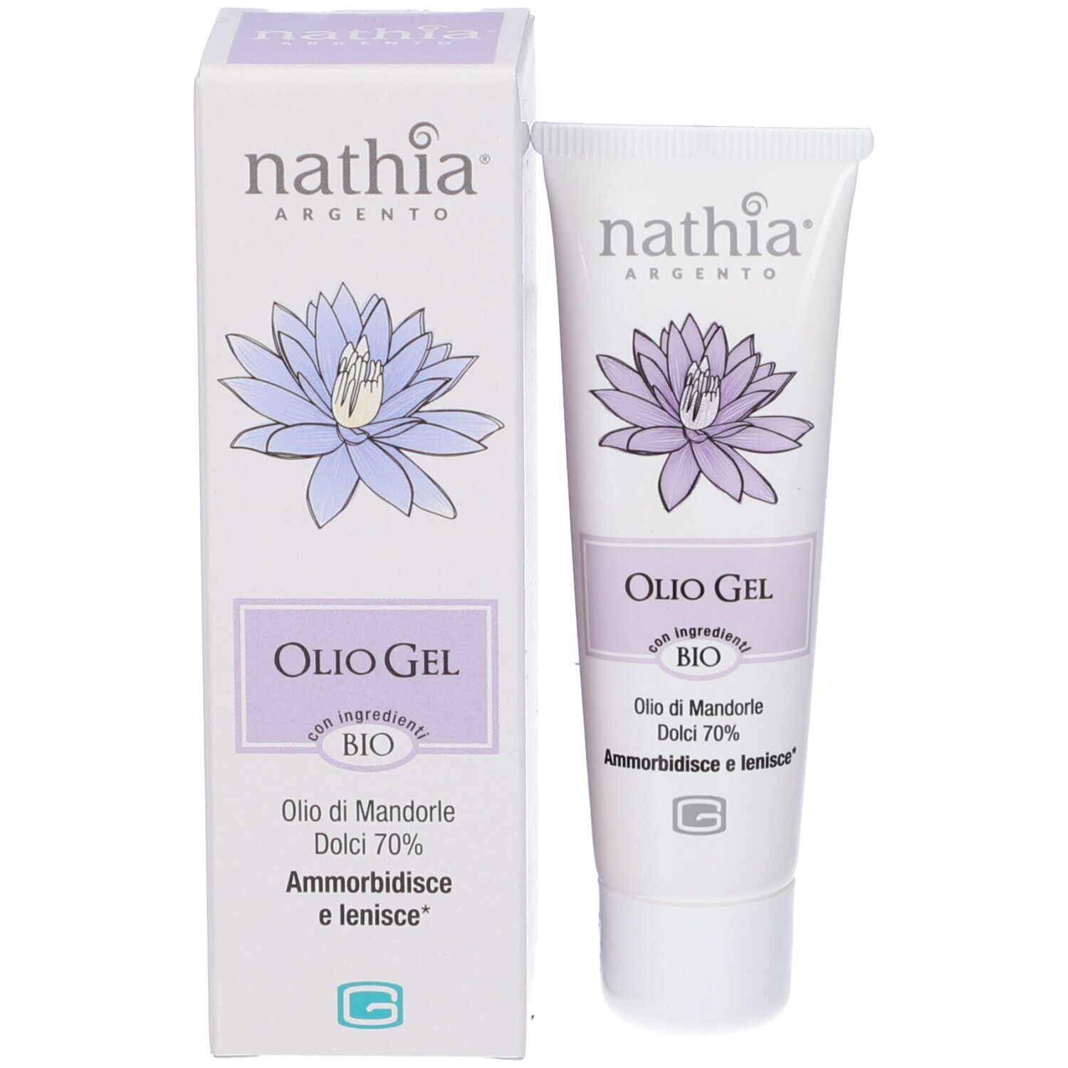 Confezione del prodotto con tubo e scatola. Entrambi mostrano logo e informazioni sul prodotto. Olio Gel con ingredienti bio.