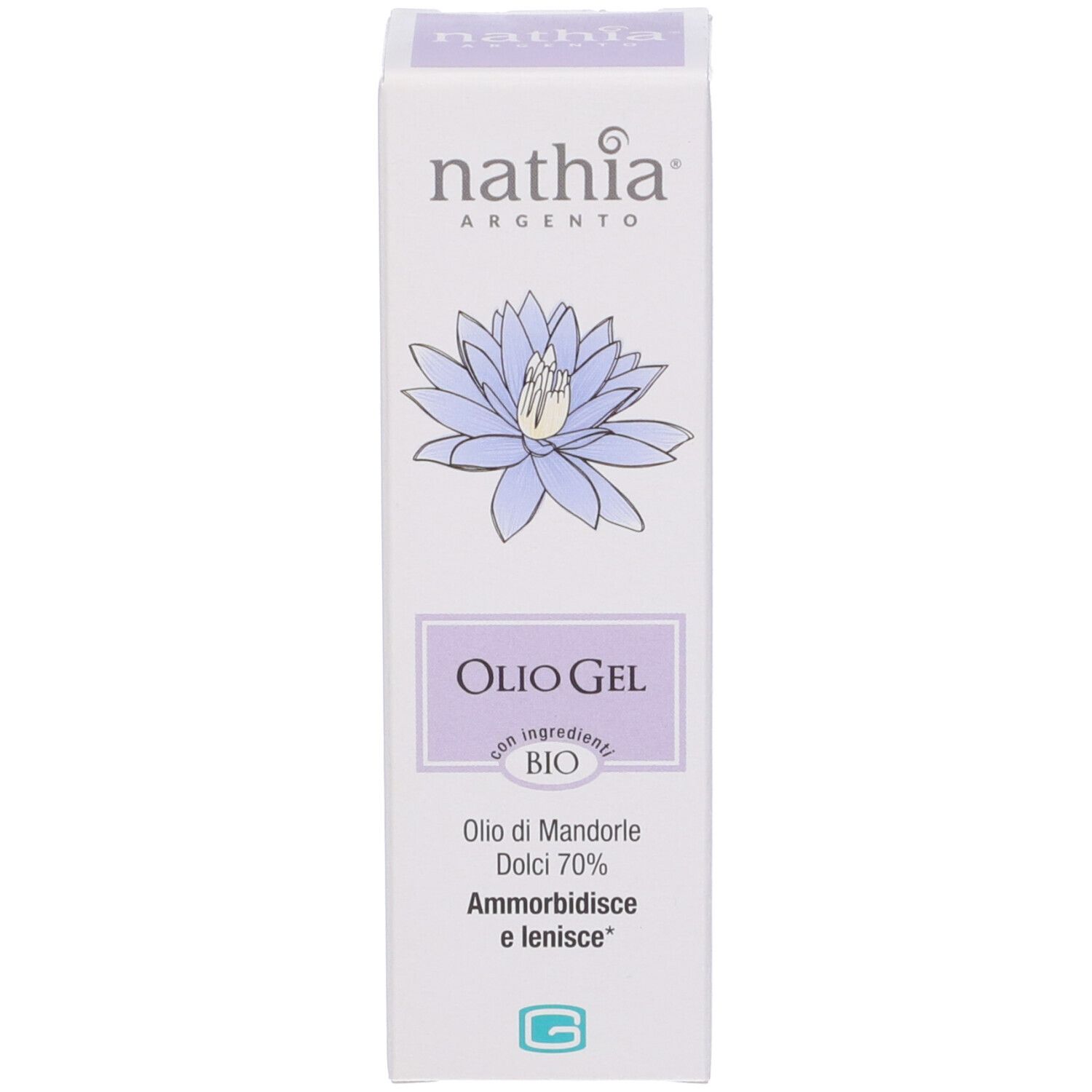 Scatola bianca con logo e testo viola. Contiene Olio Gel con ingredienti bio. Contiene olio di mandorle 70%.