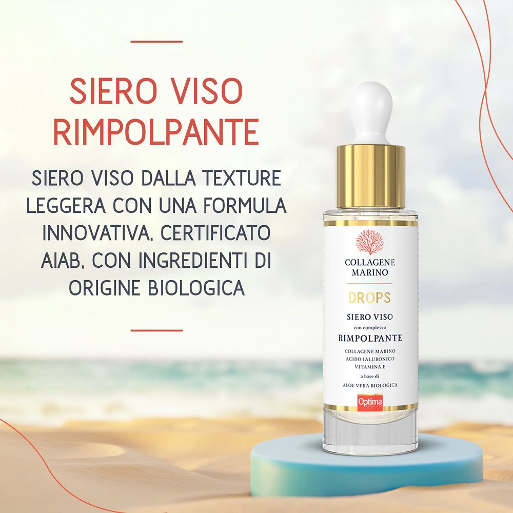 Siero viso Collagene Marino su un piedistallo in spiaggia.