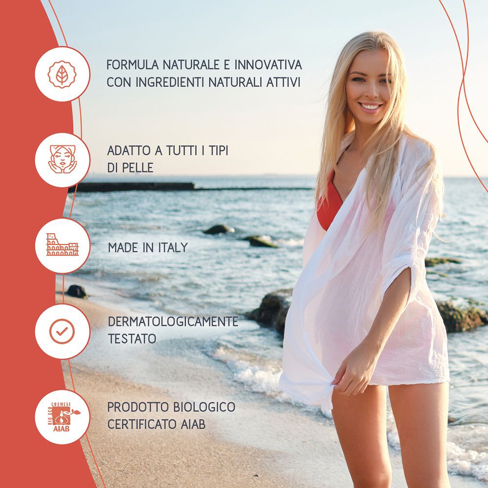 Donna in spiaggia con icone: Formula naturale, per tutti i tipi di pelle, Made in Italy, Testato dermatologicamente, Certificato biologico.