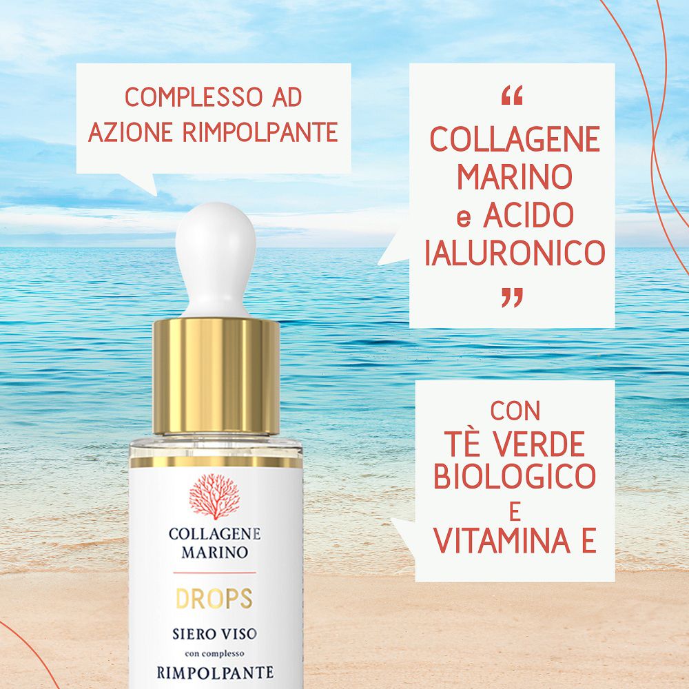 Siero viso Collagene Marino con fumetti: Collagene, Acido ialuronico, Tè verde, Vitamina E.