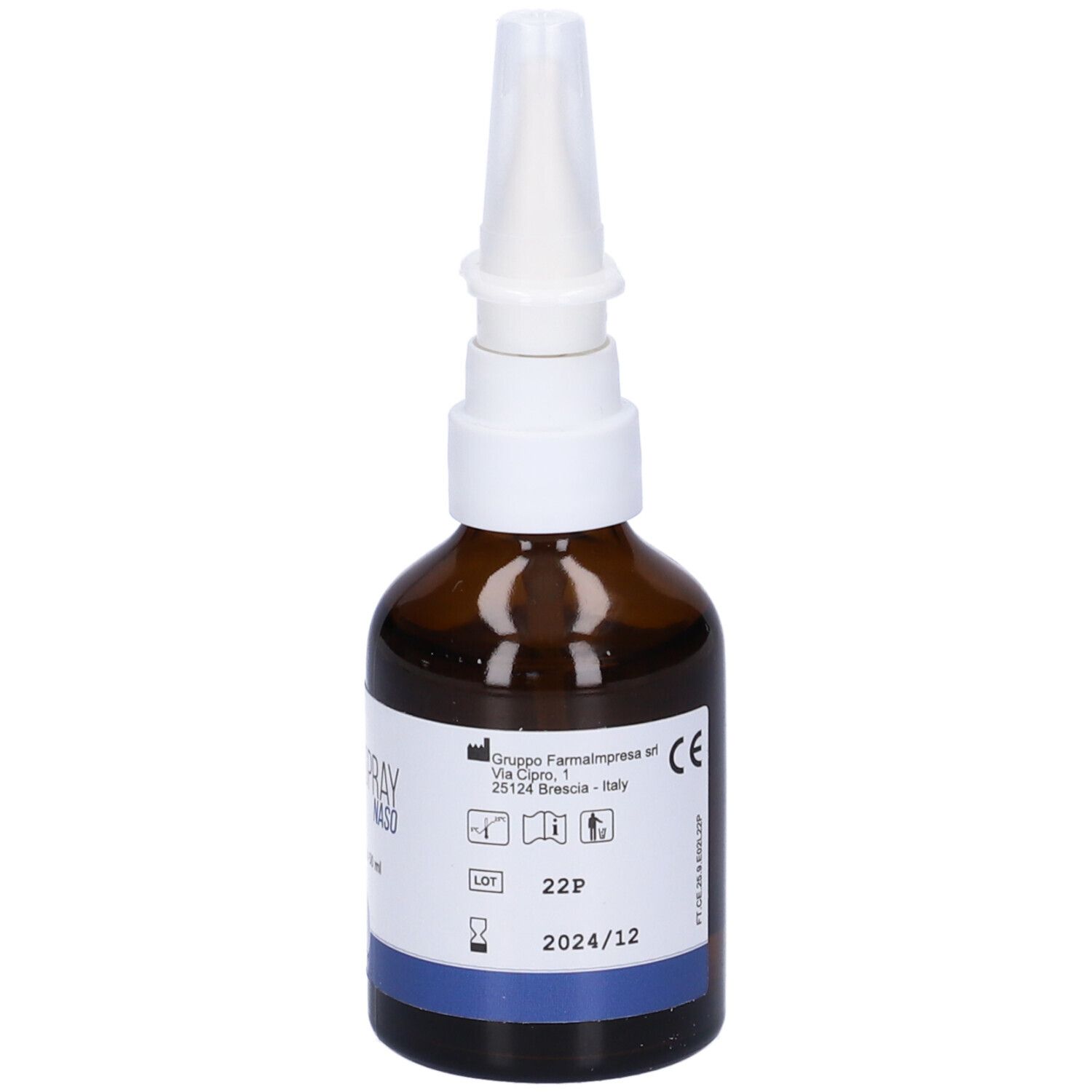 Flacone di vetro marrone con nebulizzatore bianco. Etichetta con informazioni, numero di lotto e scadenza.