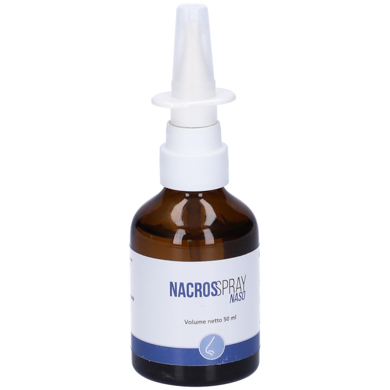 Flacone di vetro marrone con nebulizzatore bianco. Etichetta con informazioni. Nome prodotto Nacrospray Naso.
