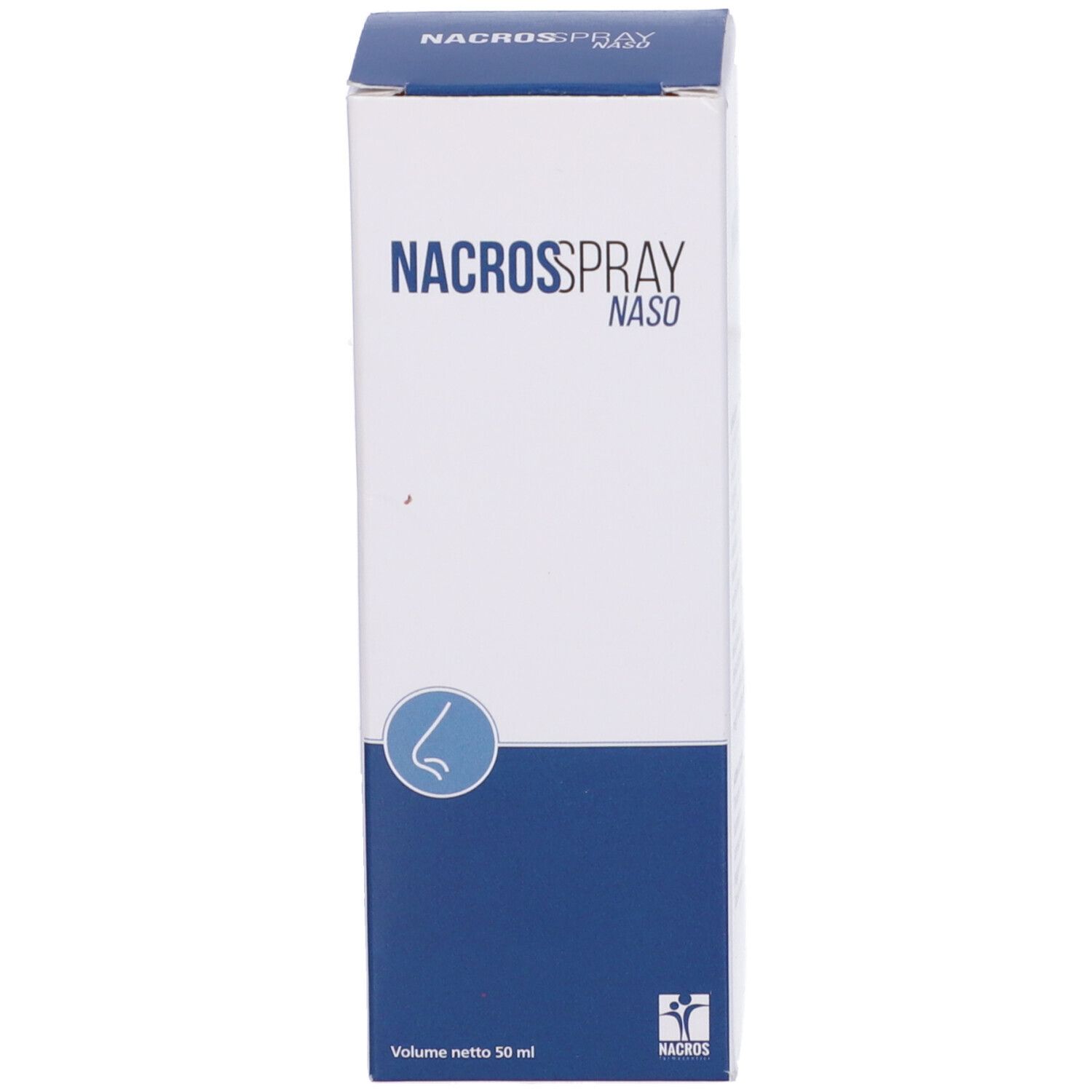 Scatola Nacrospray Naso. Confezione blu e bianca con nome e logo del prodotto.