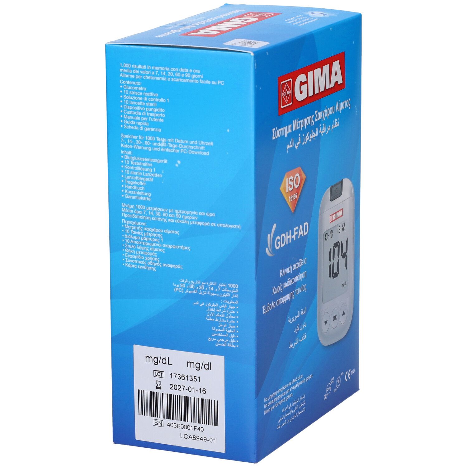 GIMA Kit Completo Glucometro Gima Mg/Dl - It, De, Gr, Arabo