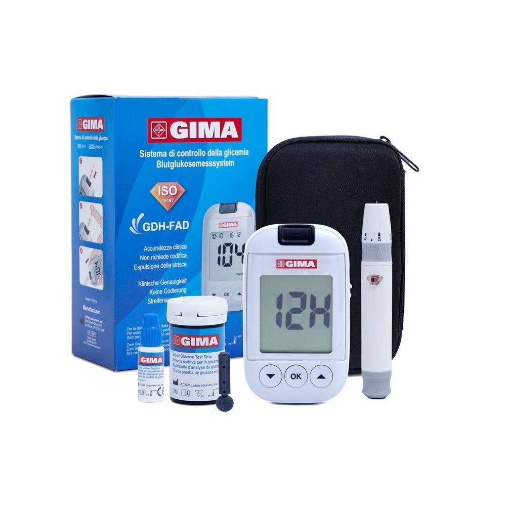 Kit glucometro GIMA con accessori. Include misuratore, strisce, pungidito e custodia.