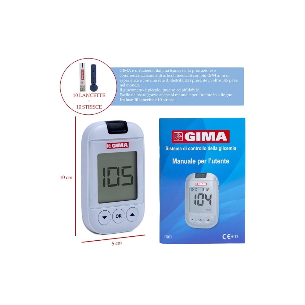 Glucometro GIMA e accessori. Misuratore, manuale, 10 lancette e 10 strisce.