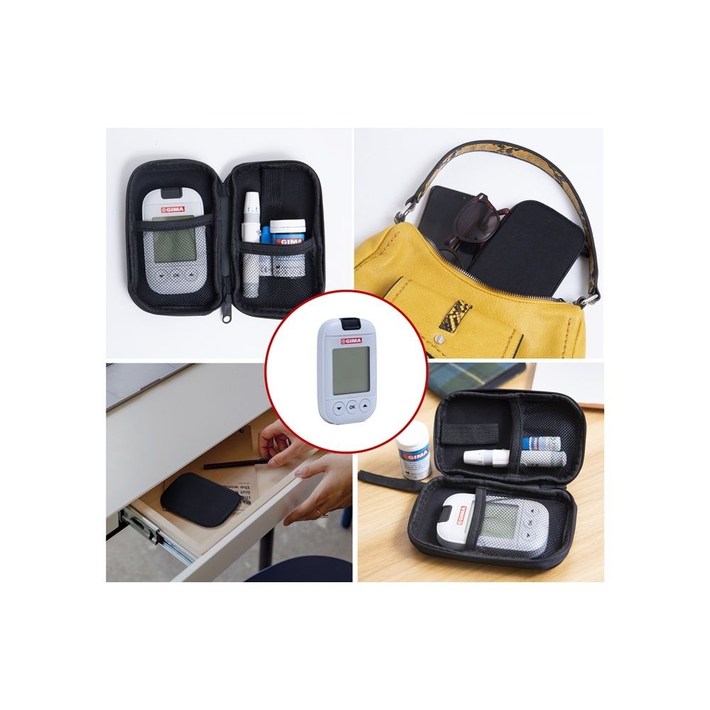 Glucometro GIMA in diversi contesti. In borsa, cassetto e custodia.