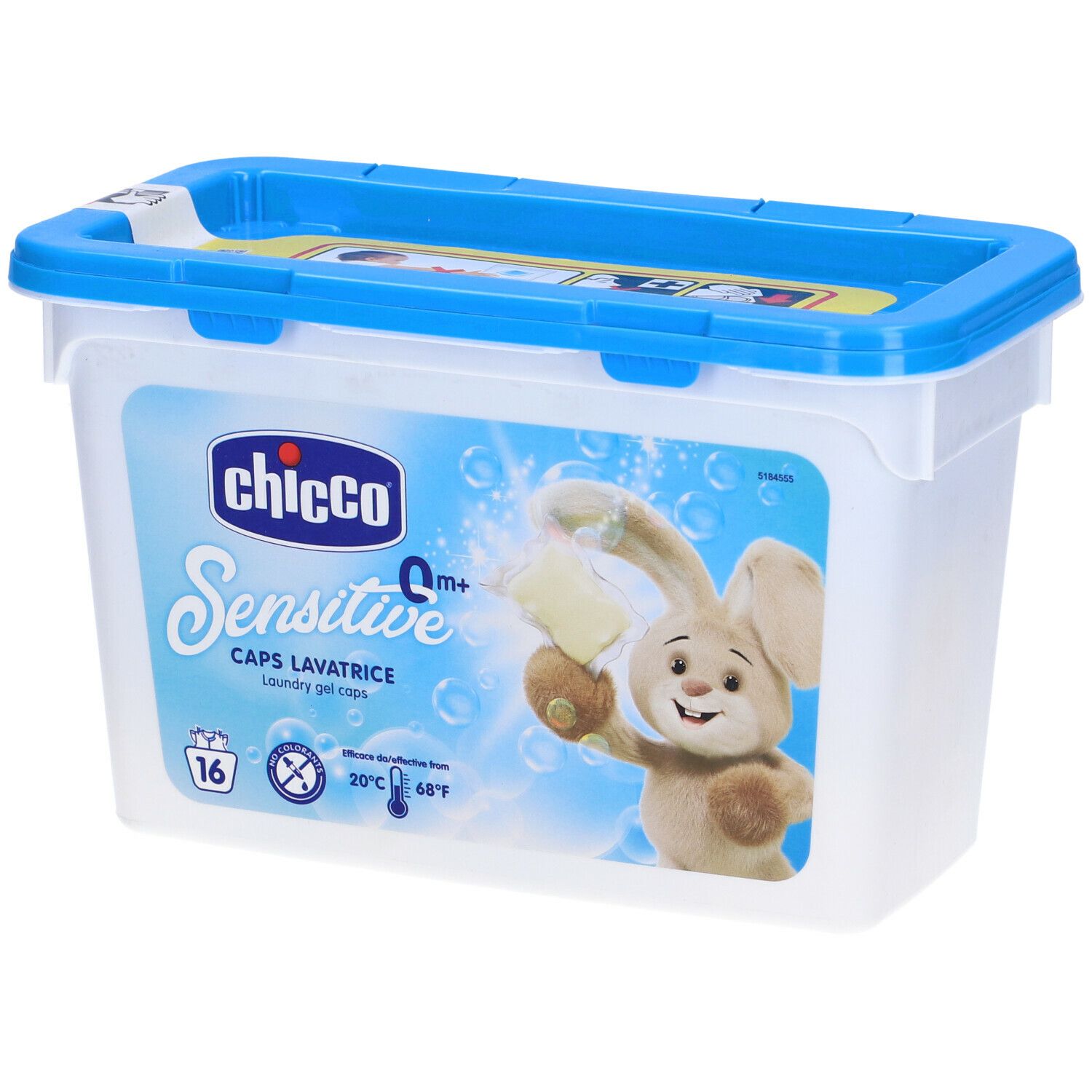 Contenitore rettangolare con coperchio blu. Scritta: Chicco Sensitive Caps Lavatrice. Immagine: coniglio con capsula. 16 pezzi.