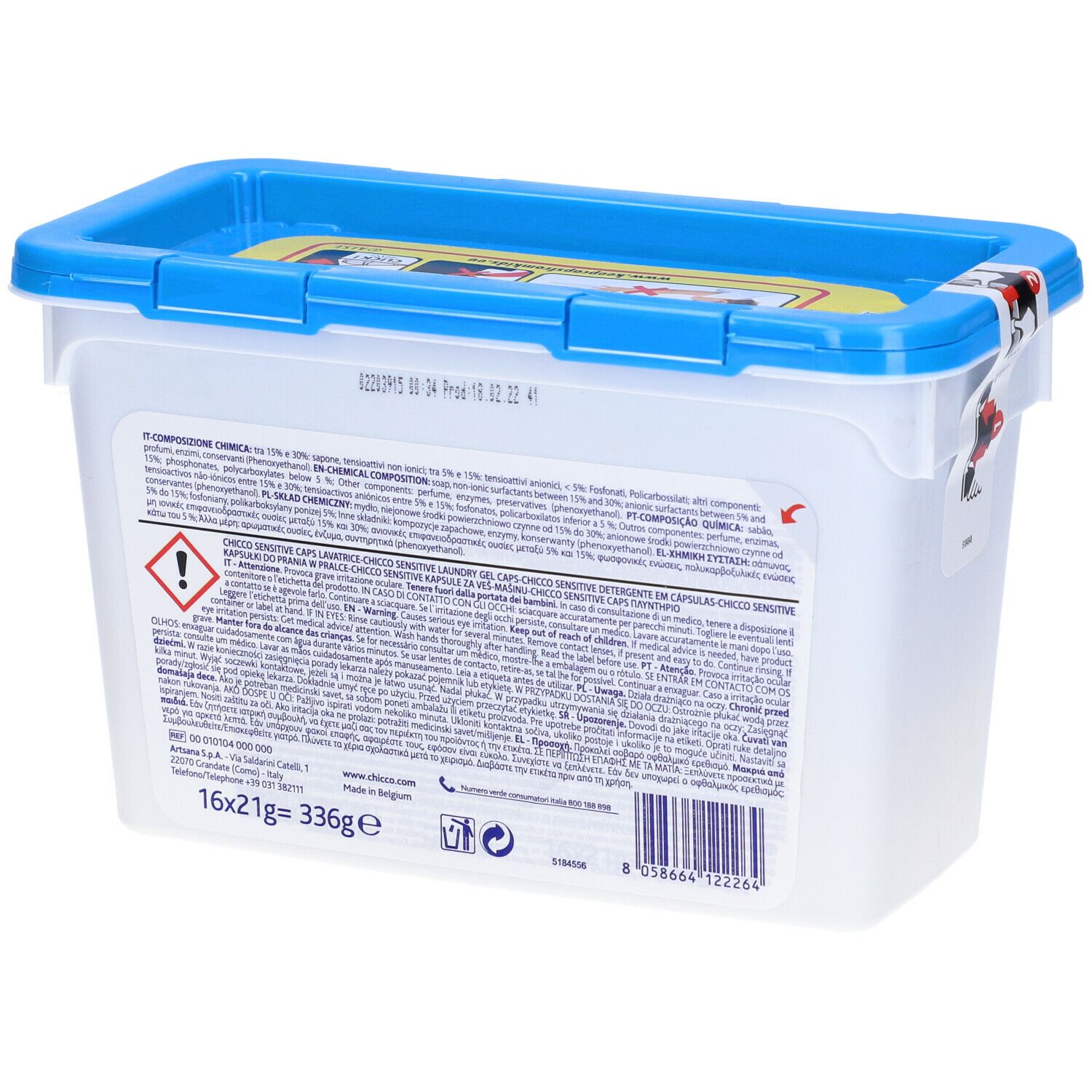 Contenitore con coperchio blu. Retro con testo e simboli di avvertimento. Scritta: 16x21g=336g.