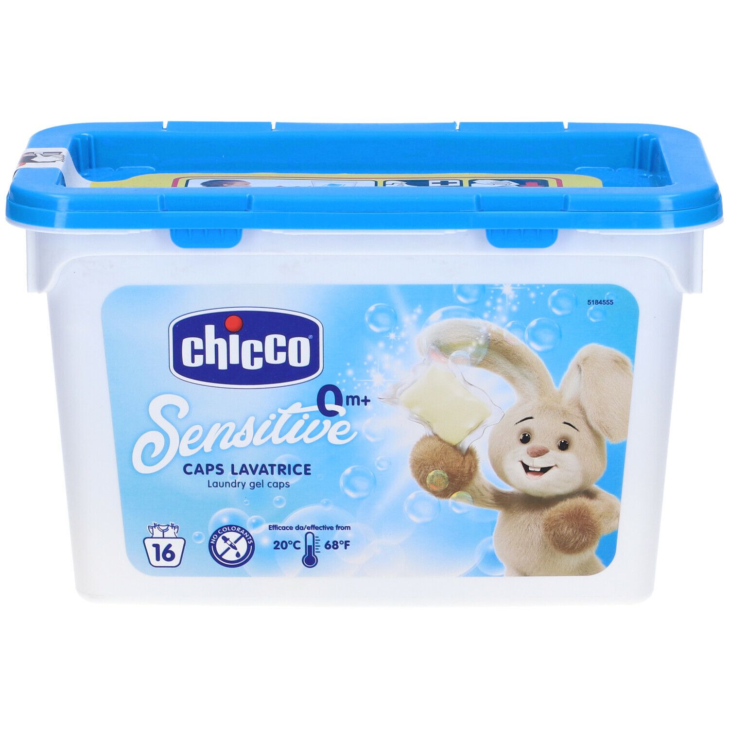 Contenitore con coperchio blu. Scritta: Chicco Sensitive Caps Lavatrice. Immagine: coniglio con capsula. 16 pezzi.