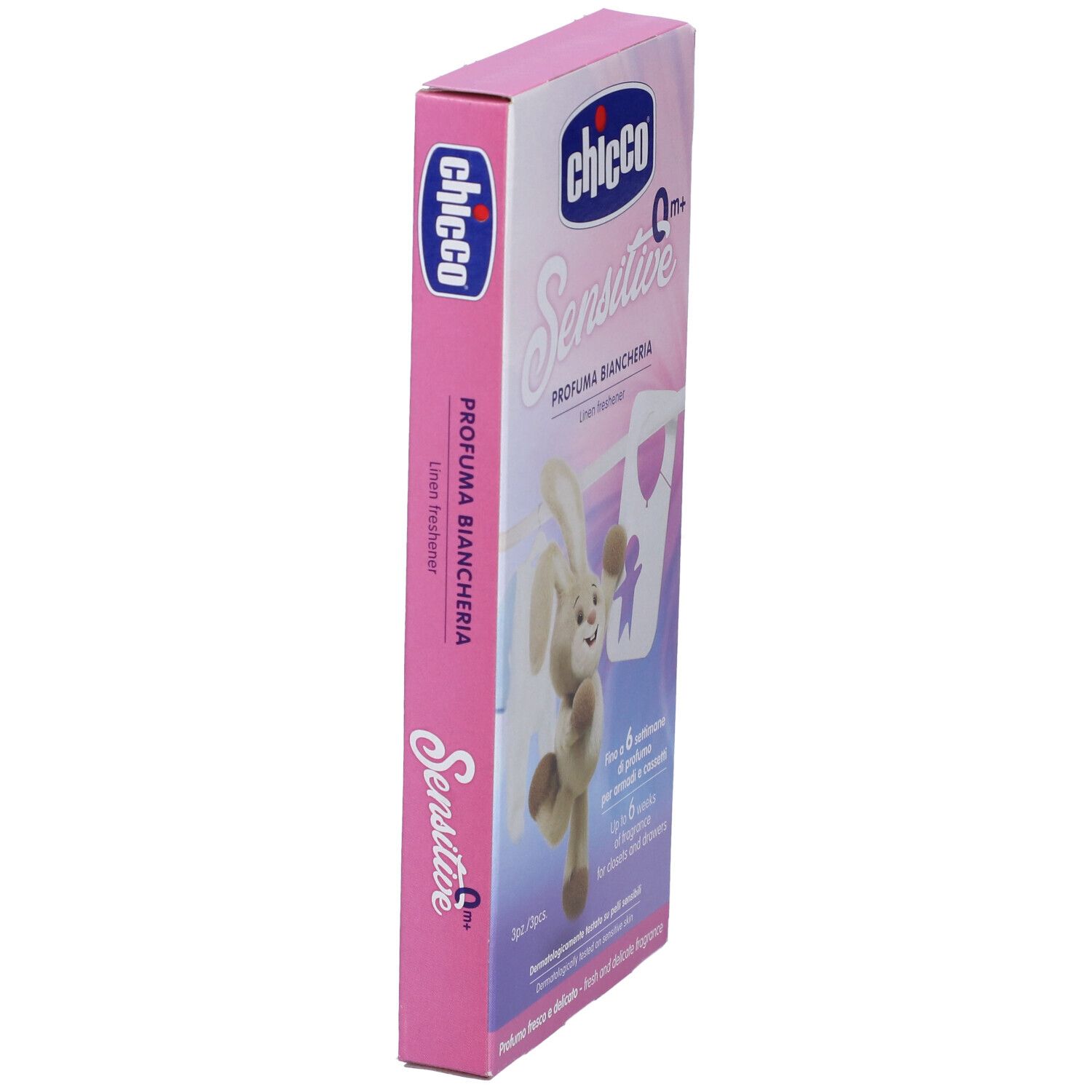 Confezione rosa del prodotto con logo e nome. Vista laterale. Immagine di coniglio e biancheria.