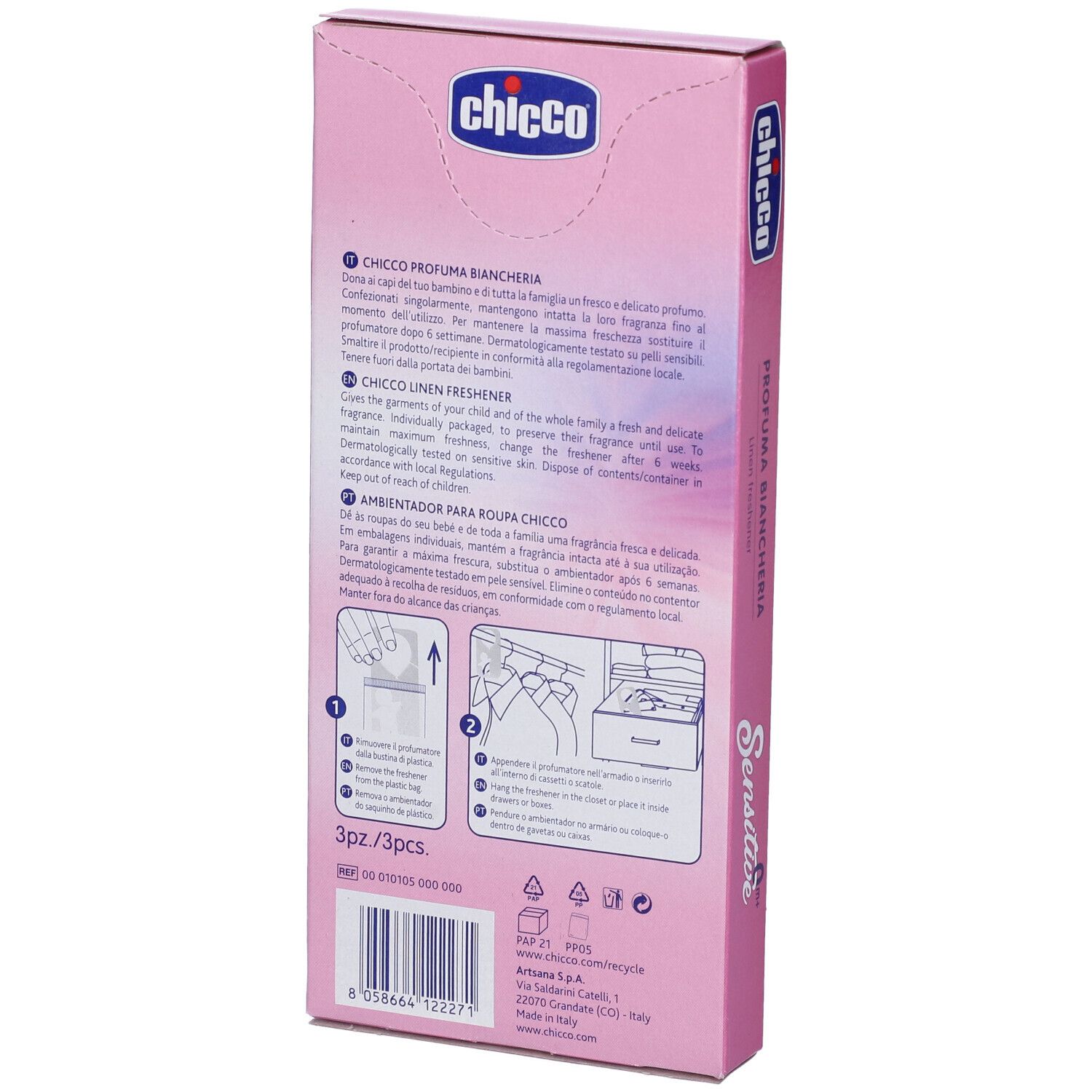 Confezione rosa del prodotto con testo e illustrazioni. Retro. Istruzioni e informazioni sul prodotto.