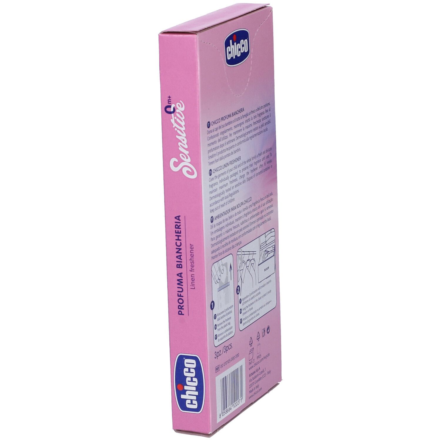 Confezione rosa del prodotto con testo e logo. Vista laterale. Informazioni e istruzioni sul prodotto.