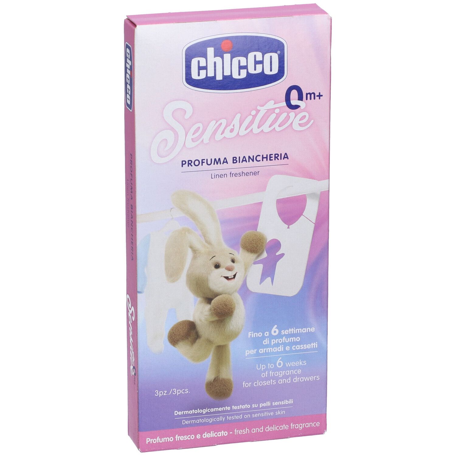 Scatola rosa con logo e nome del prodotto. Immagine di coniglio e biancheria. Testo: fino a 6 settimane di profumo.