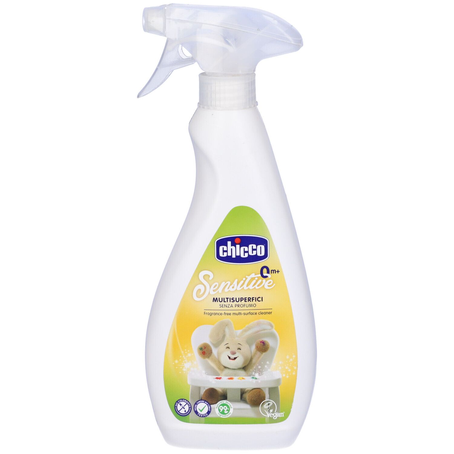 Flacone spray bianco con etichetta verde. Scritta: Chicco Sensitive Multisuperfici. Immagine di un coniglio su una sedia.