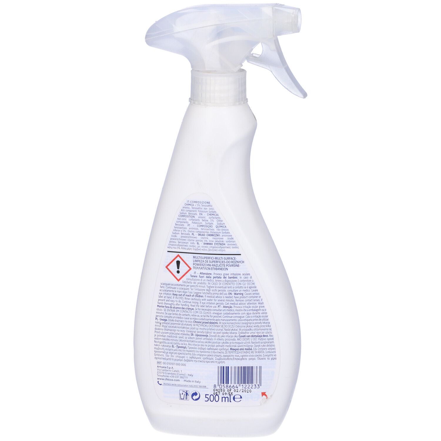 Retro di un flacone spray bianco. Testo e avvertenze su sfondo blu. Volume: 500 ml.