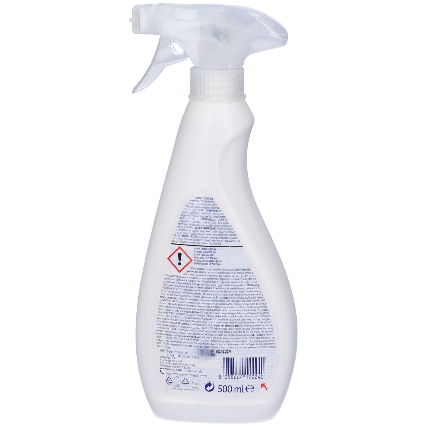 Retro di un flacone spray bianco. Testo e pittogrammi su sfondo blu. Avvertenza. Volume: 500 ml.