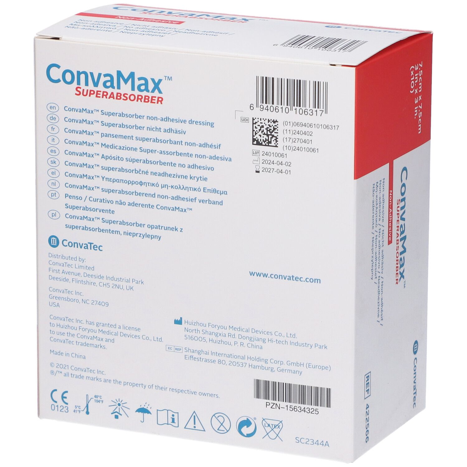 Retro della confezione Convamax Superabsorber. Testo multilingue. Informazioni produttore. Marchio CE.