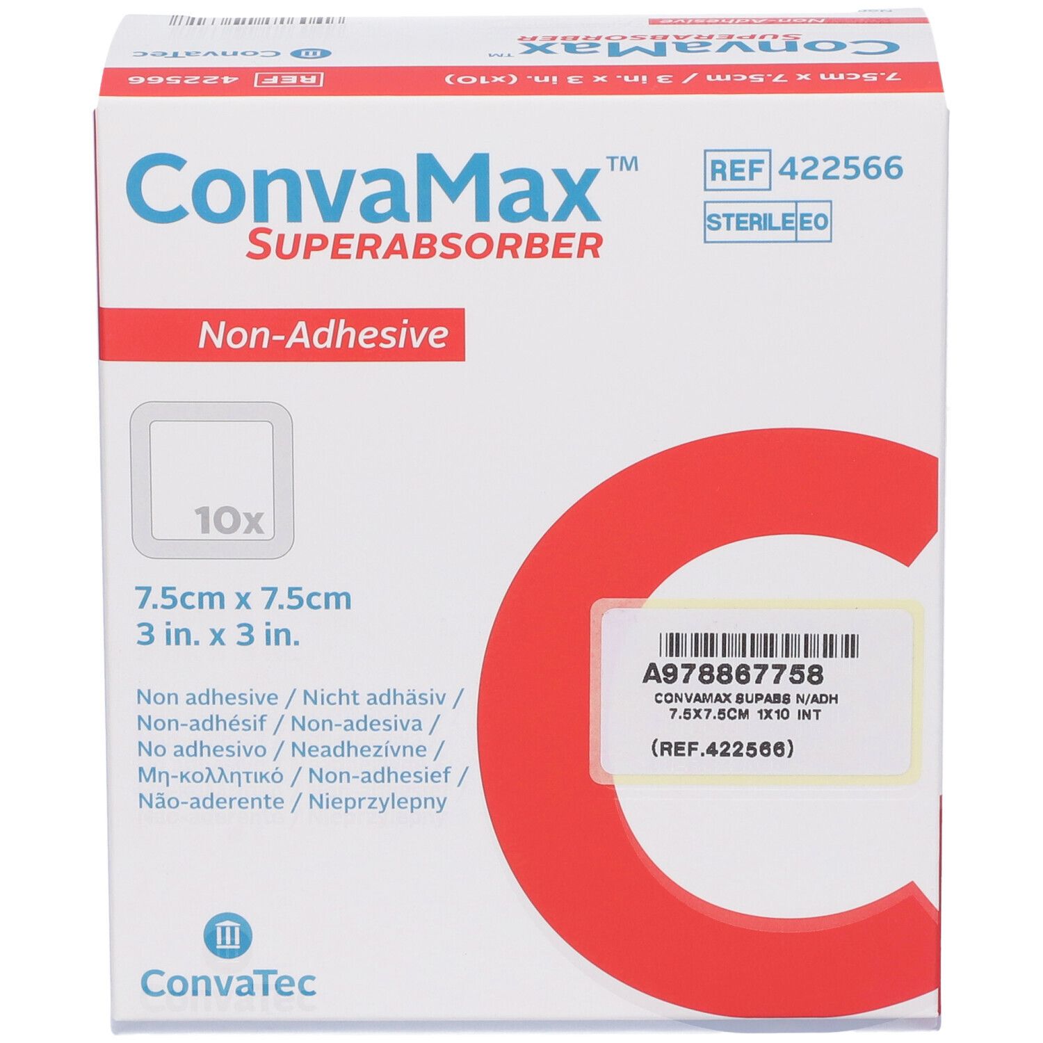 Confezione Convamax Superabsorber non adesivo. 10 pezzi, 7,5x7,5cm. Con etichetta e cerchio rosso. Marchio Convatec.