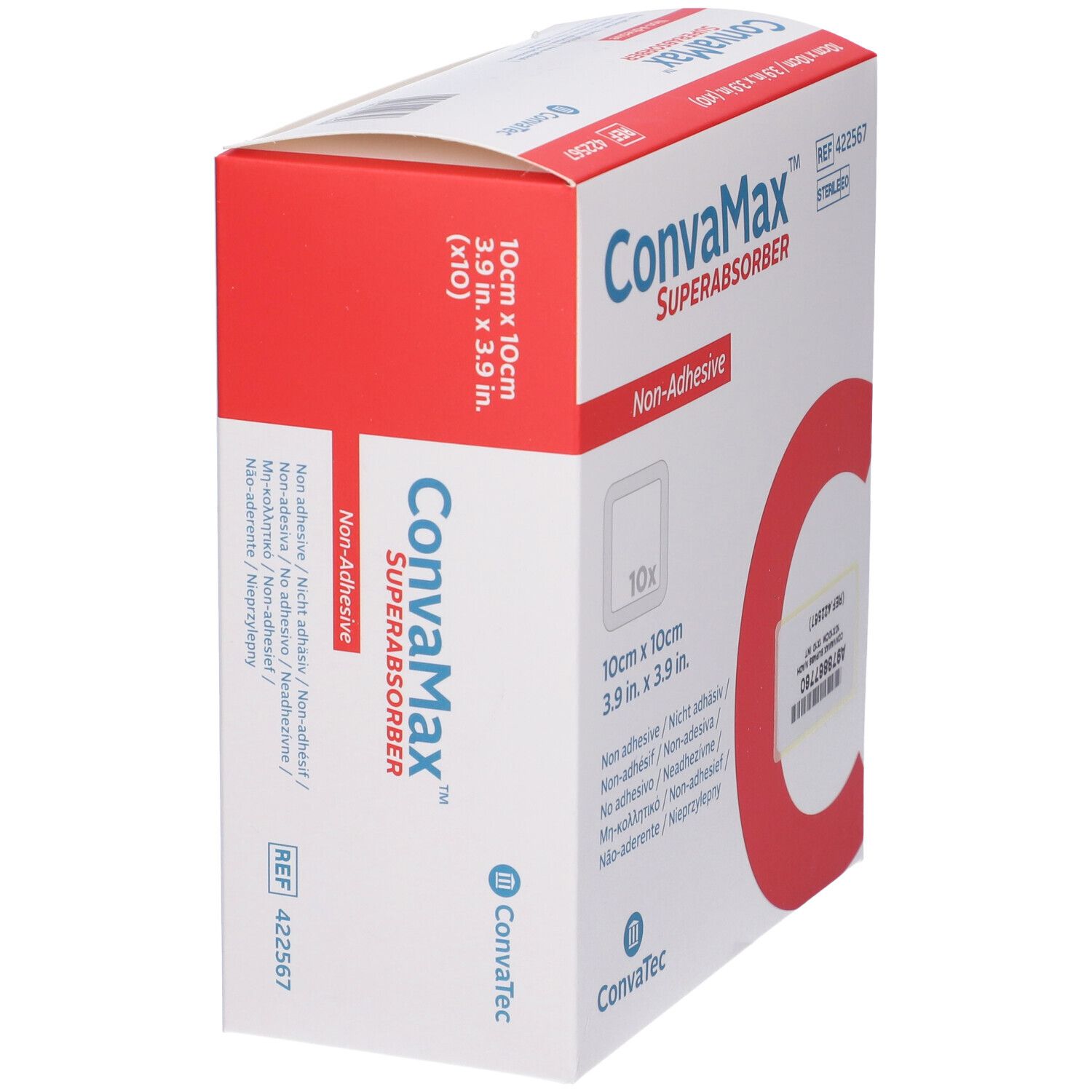 Confezione Convamax Superabsorber angolata. Nome prodotto, dimensioni 10x10cm e logo visibili. Scatola bianca e rossa.