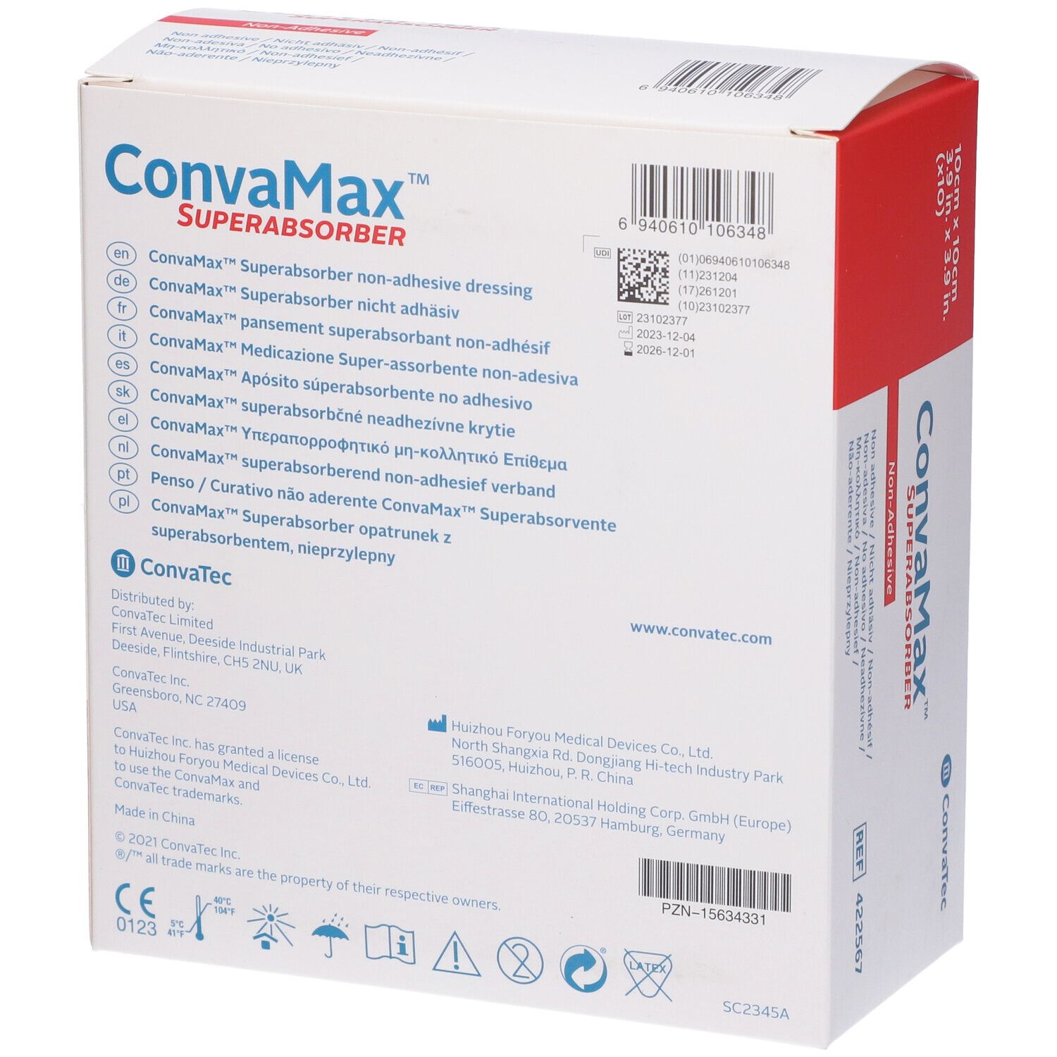 Retro della confezione Convamax Superabsorber. Informazioni multilingue sul prodotto e dettagli del produttore. Sfondo bianco.