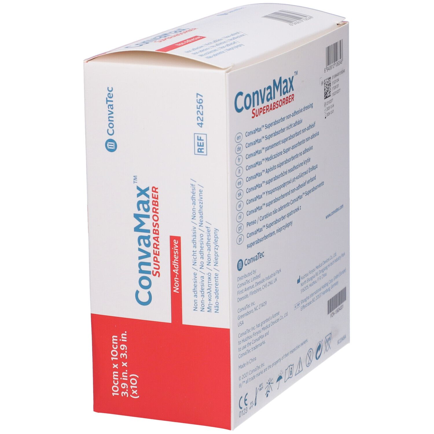 Confezione Convamax Superabsorber angolata. Nome prodotto, dimensioni 10x10cm e logo visibili. Scatola bianca e rossa.