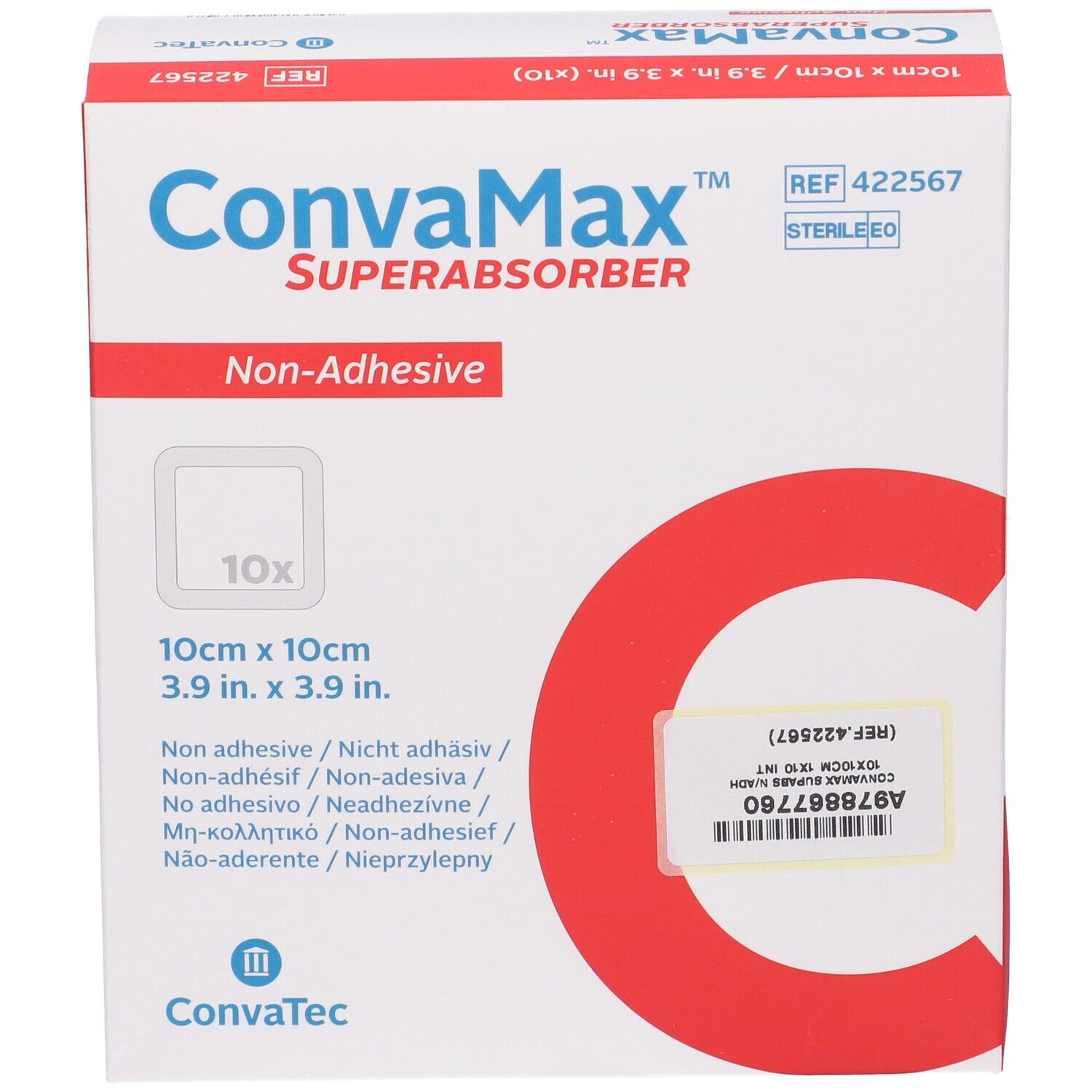 Confezione Convamax Superabsorber, vista frontale. Nome prodotto, dimensioni 10x10cm e logo visibili. Scatola bianca e rossa.