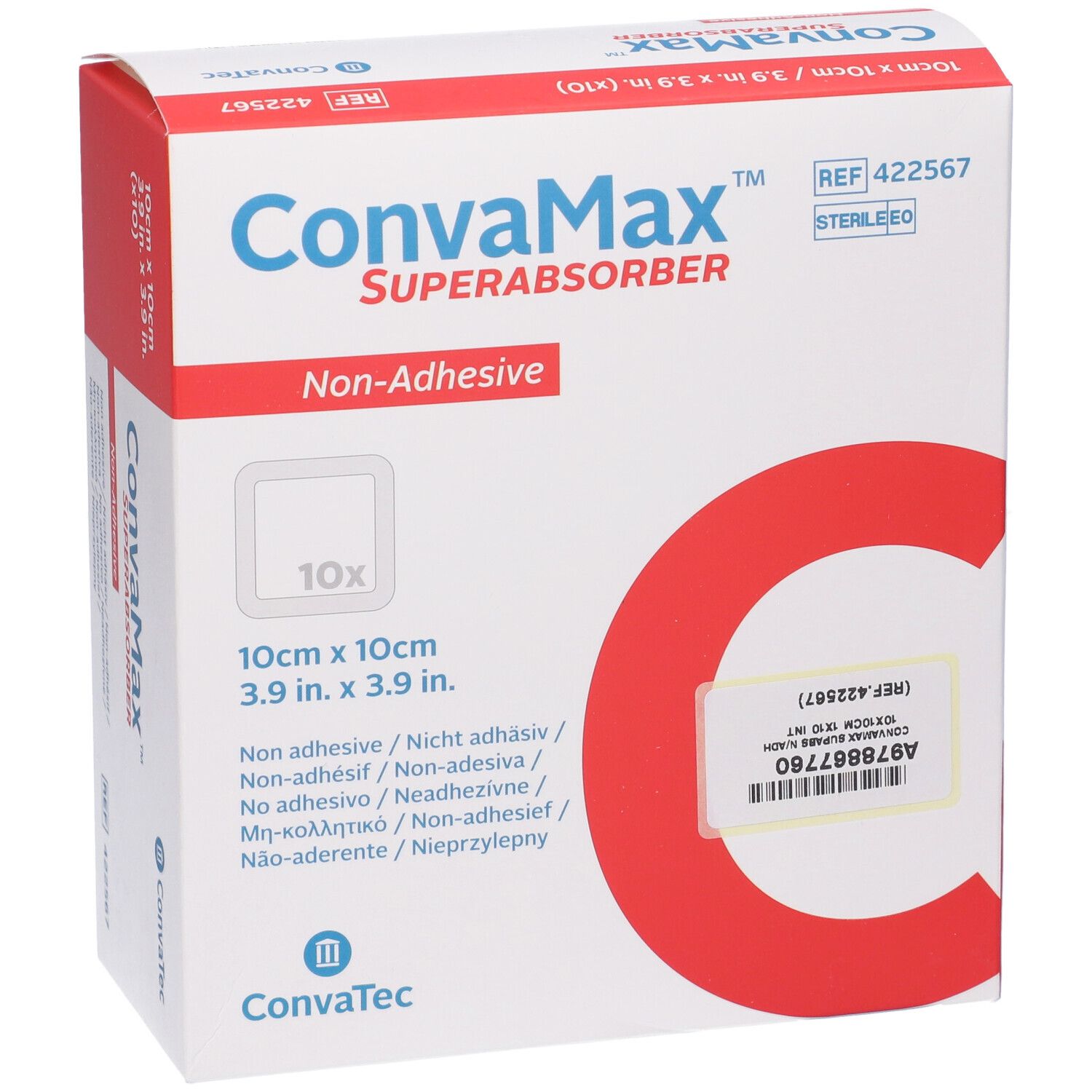Confezione Convamax Superabsorber, vista frontale. Nome prodotto, dimensioni 10x10cm e logo visibili. Scatola bianca e rossa.