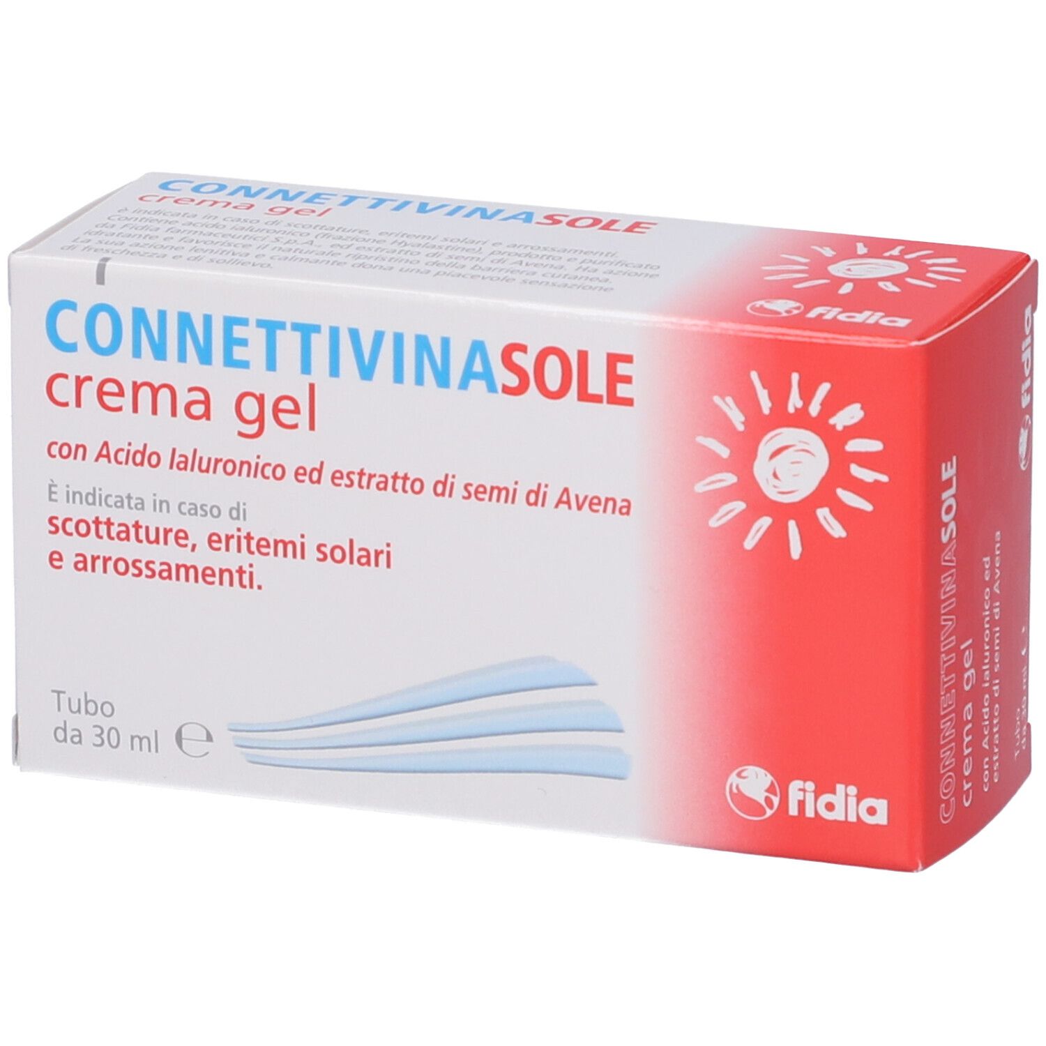 Scatola di Connettivinasole crema gel. Confezione bianca e rossa con nome del prodotto e informazioni. Logo Fidia.