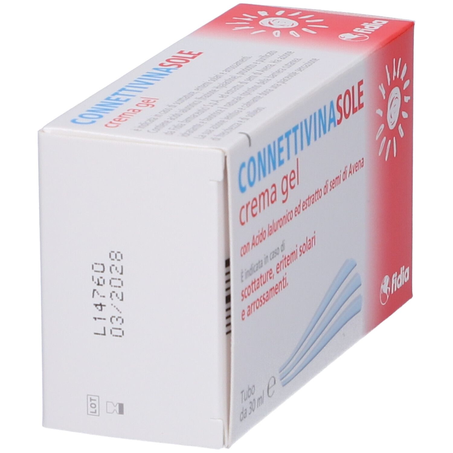 Vista laterale della confezione Connettivinasole crema gel. Bianco con nome e testo del prodotto. Logo Fidia. Numero di lotto.