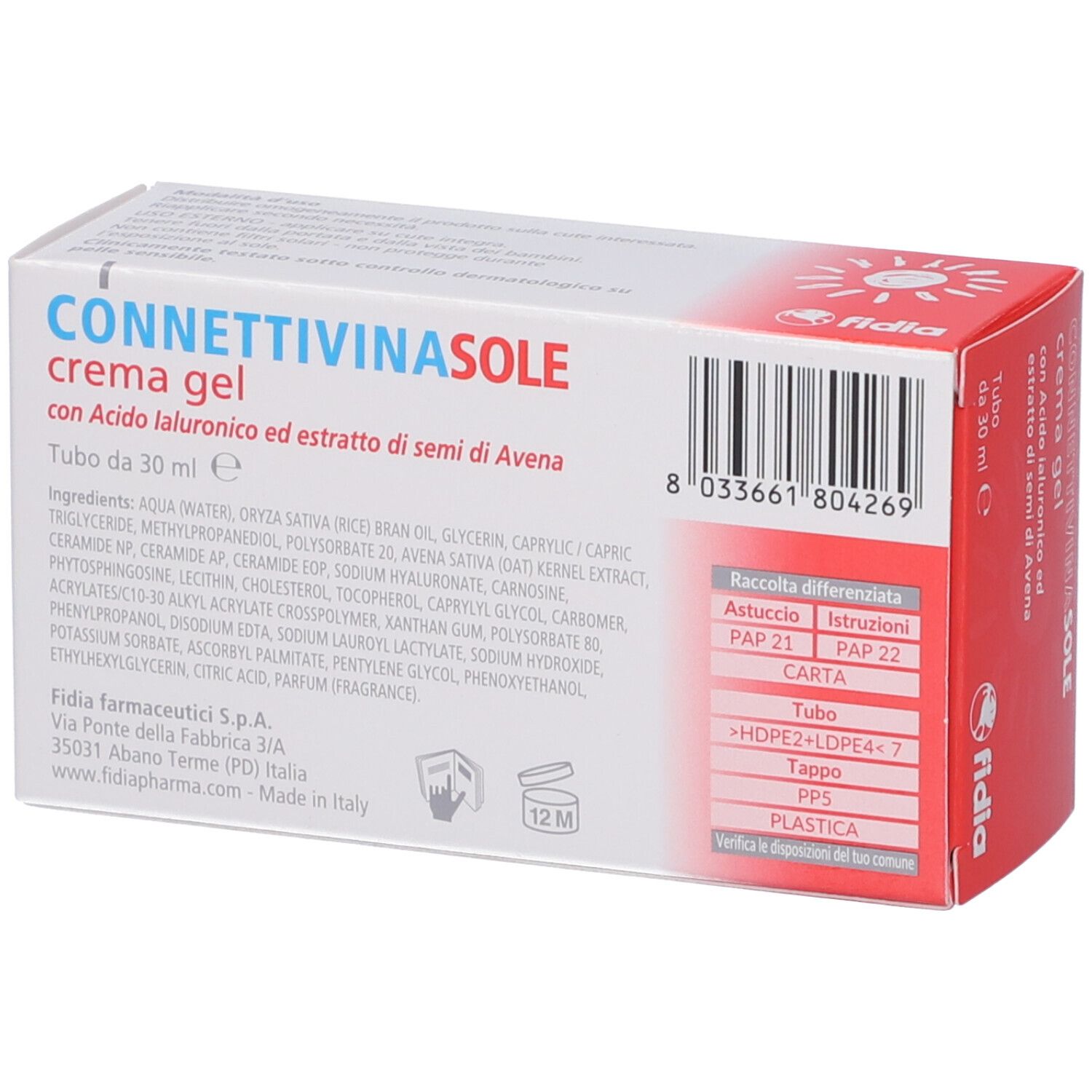 Retro della confezione Connettivinasole crema gel. Nome del prodotto, ingredienti, informazioni produttore, codice a barre e istruzioni per il riciclo.