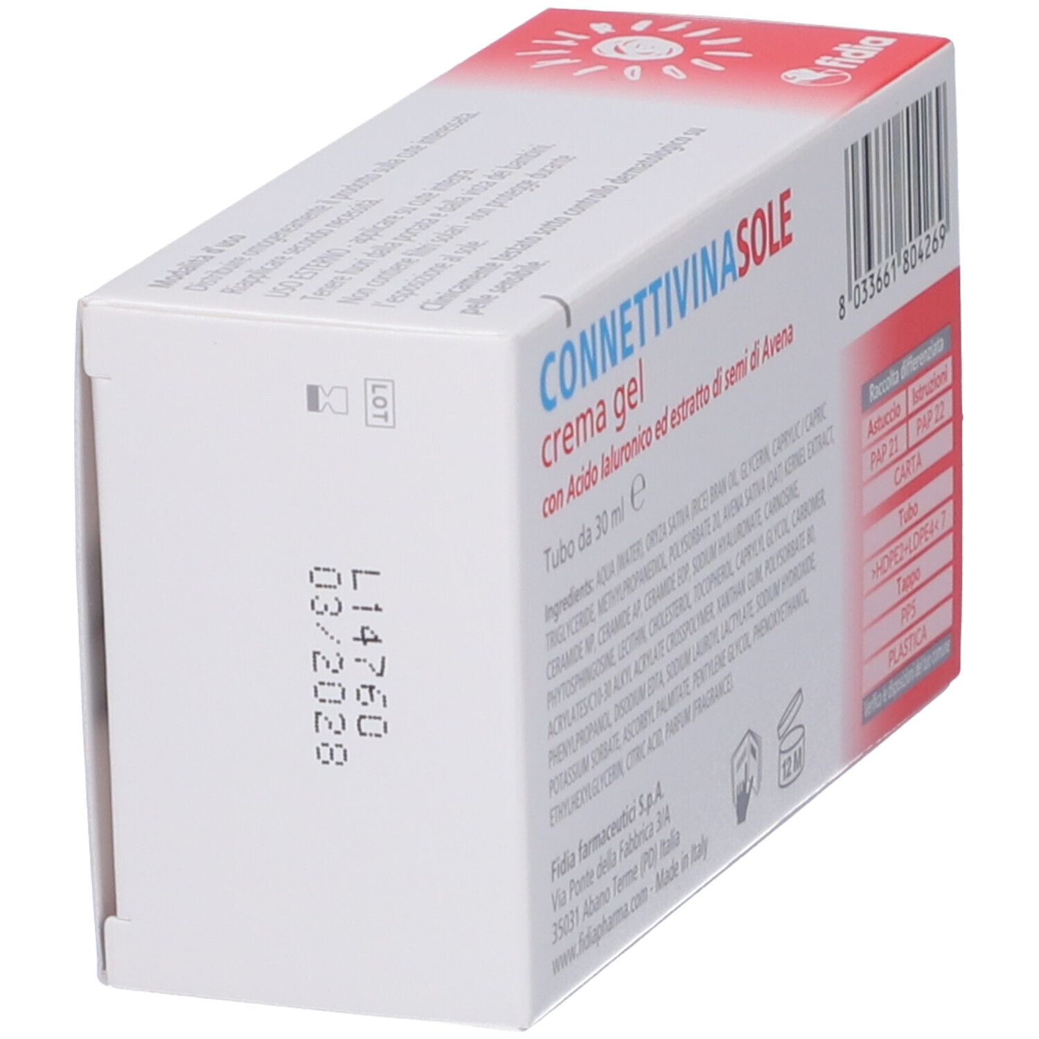 Vista laterale della confezione Connettivinasole crema gel. Bianco con nome e testo del prodotto. Logo Fidia. Numero di lotto e data di scadenza.