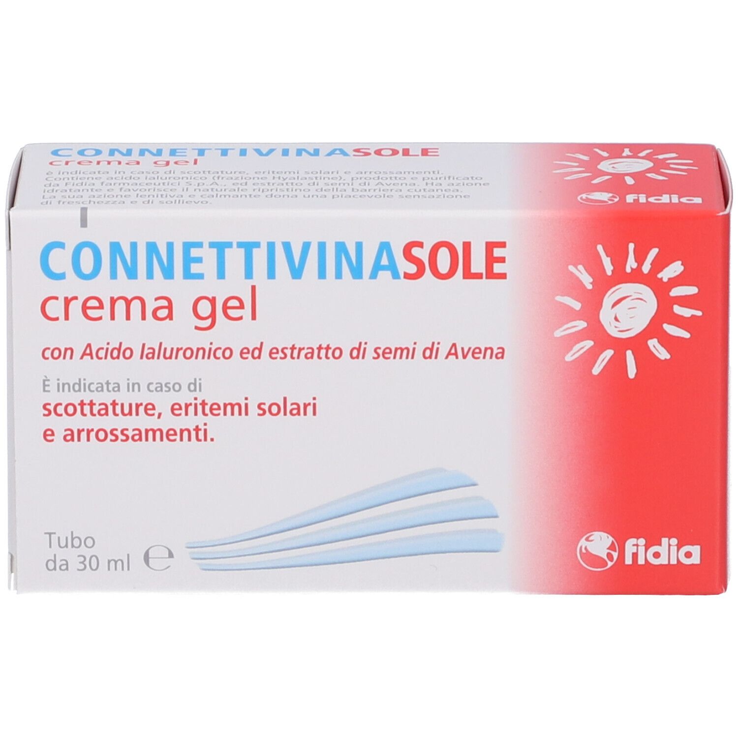 Confezione Connettivinasole crema gel. Scatola bianca e rossa con nome del prodotto e informazioni. Logo Fidia. Onde blu.
