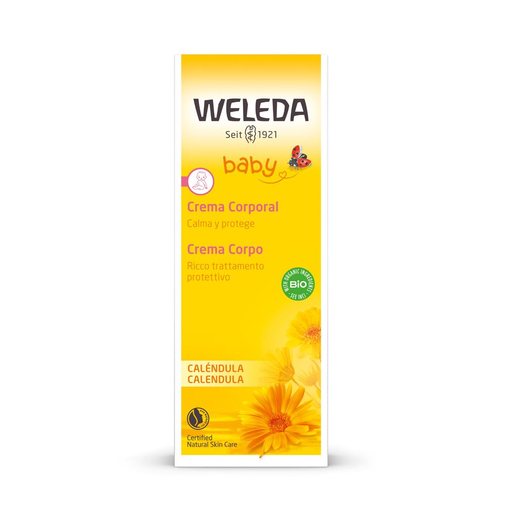 Confezione gialla con informazioni sul prodotto. Scritta: WELEDA, baby, Creme Corporal, Calendula. Sigillo Bio e certificazione.