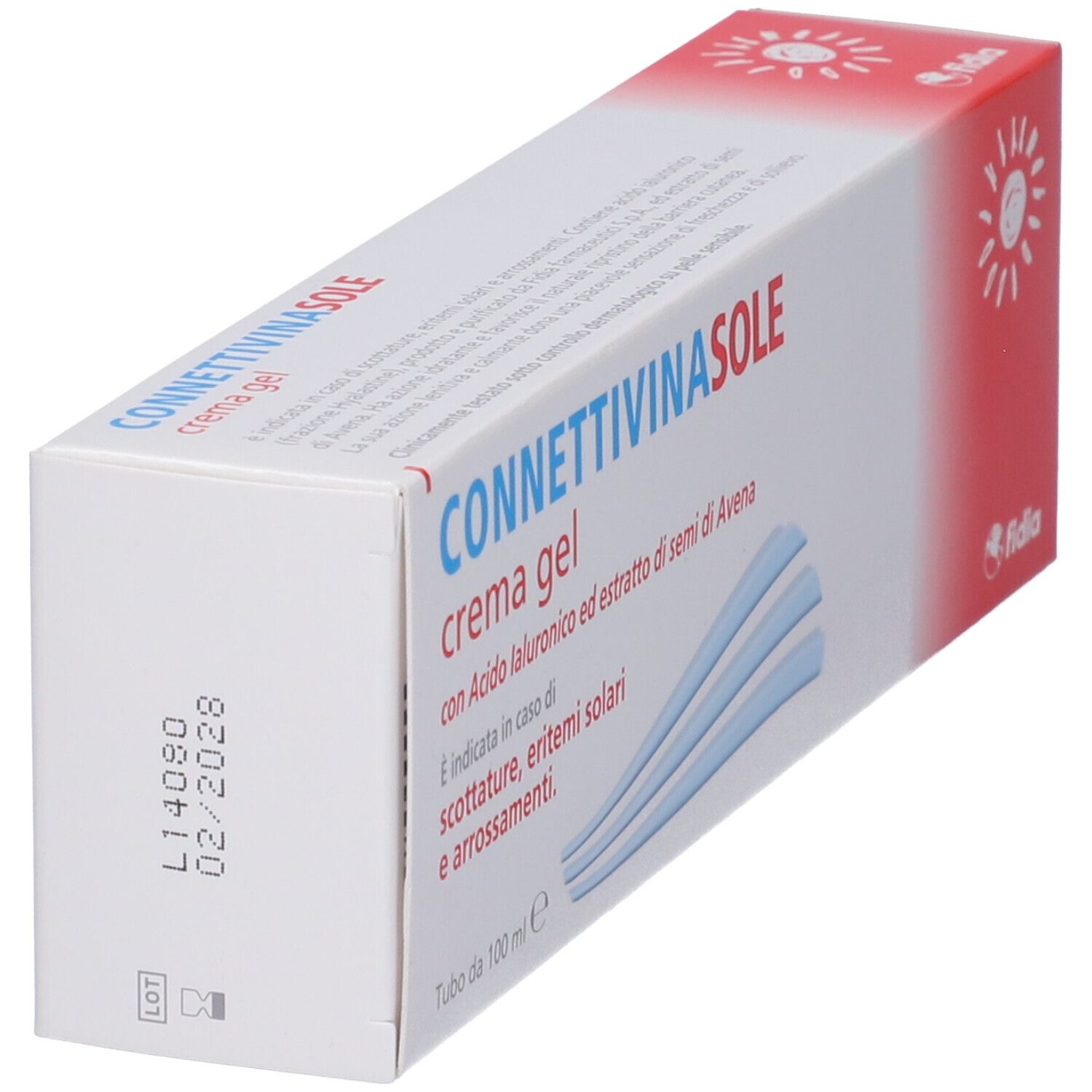 Scatola Connettivinasole crema gel. Confezione bianca e rossa. Scritta e logo Fidia. Laterale: numero di lotto e data di scadenza.