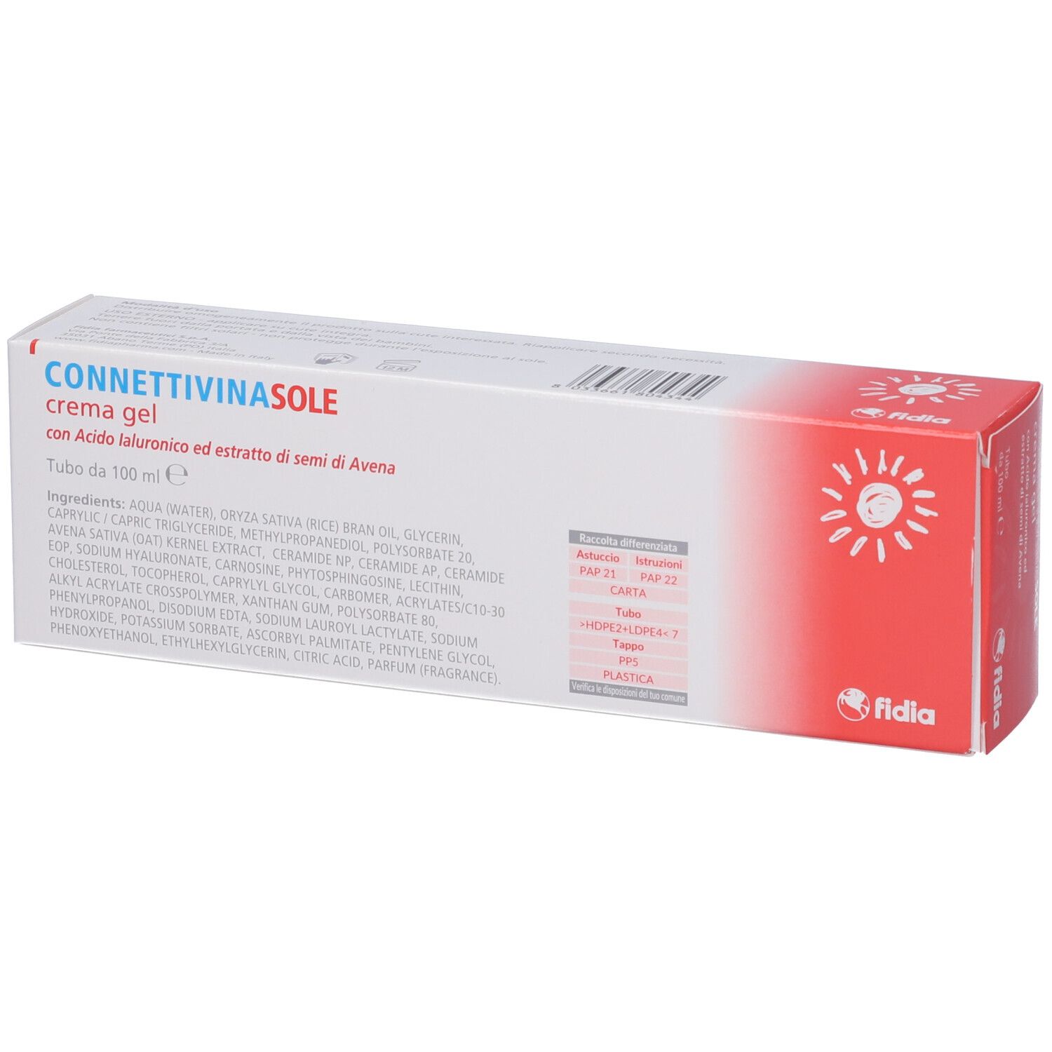 Scatola Connettivinasole crema gel. Confezione bianca e rossa. Scritta e logo Fidia. Ingredienti stampati.