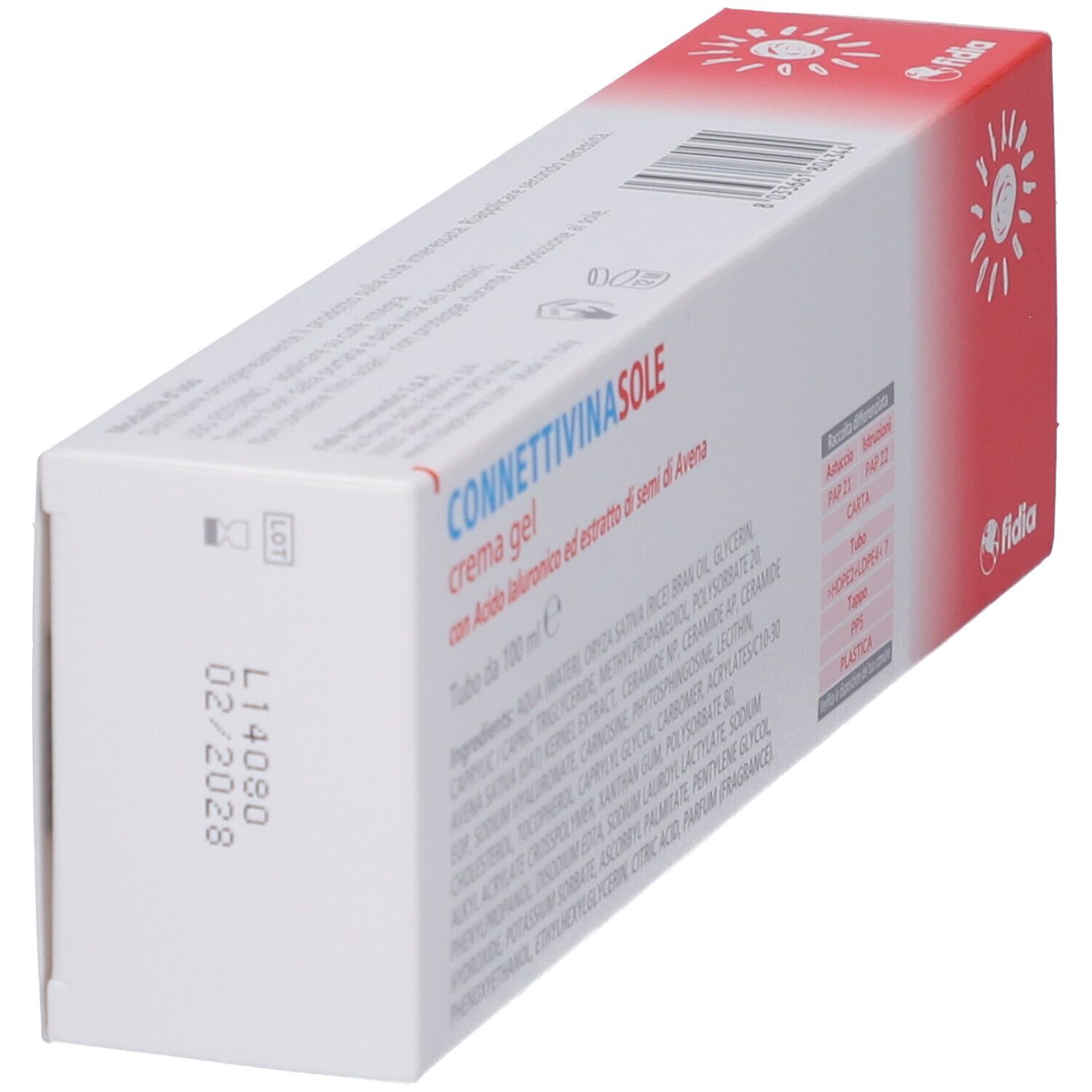 Scatola Connettivinasole crema gel. Confezione bianca e rossa. Scritta e logo Fidia. Numero di lotto e data di scadenza.