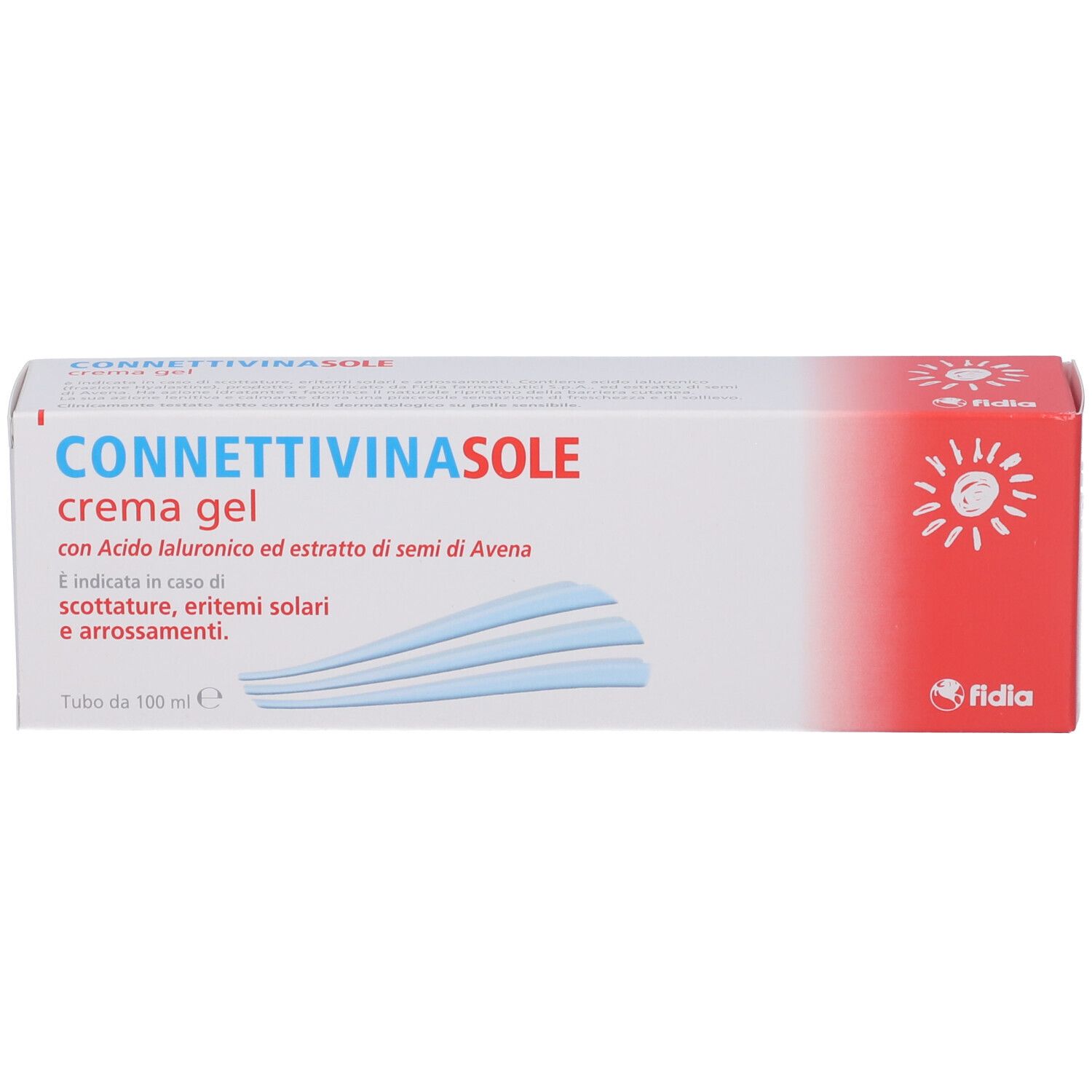 Scatola bianca e rossa. Scritto: Connettivinasole crema gel. Contiene acido ialuronico ed estratto di avena. Marchio: Fidia.