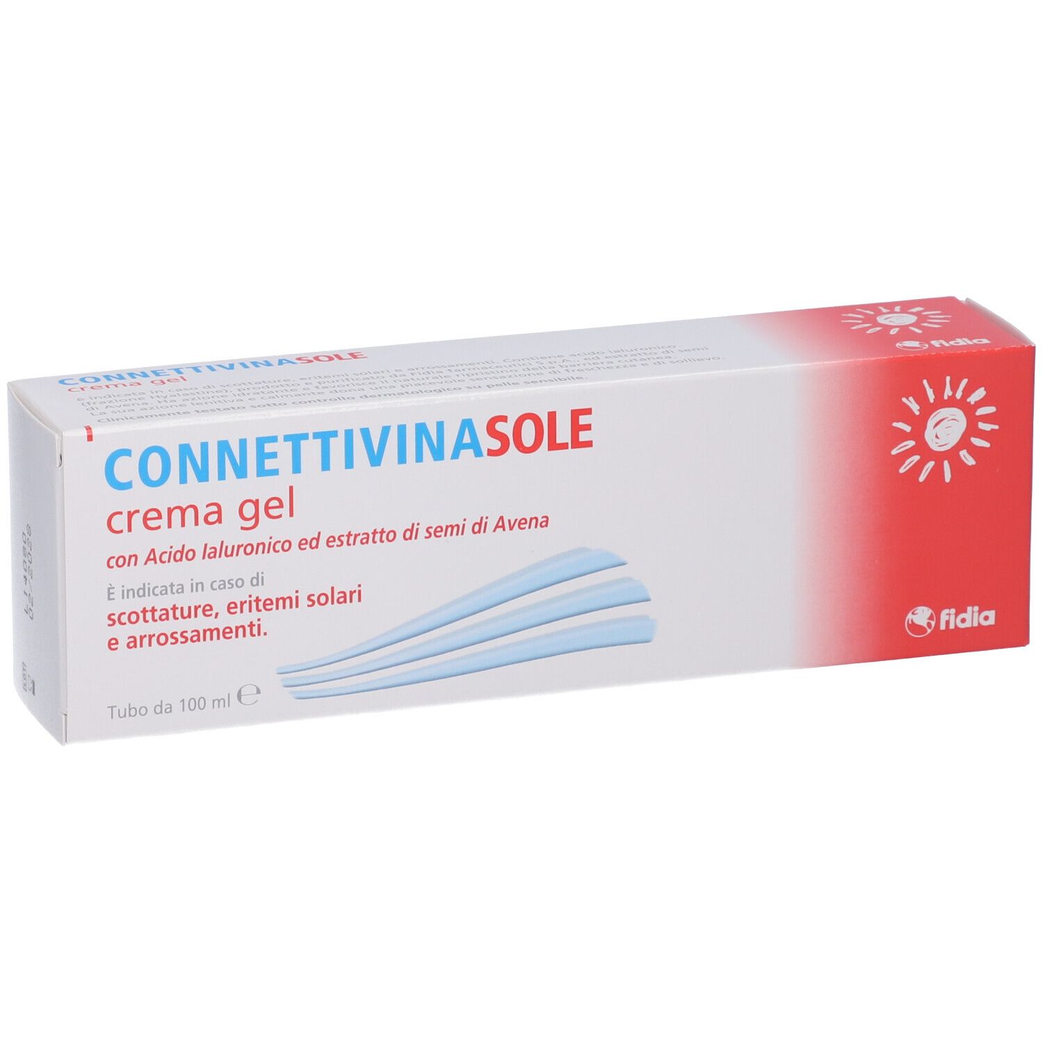 Scatola bianca e rossa. Scritto: Connettivinasole crema gel. Contiene acido ialuronico ed estratto di avena. Marchio: Fidia.