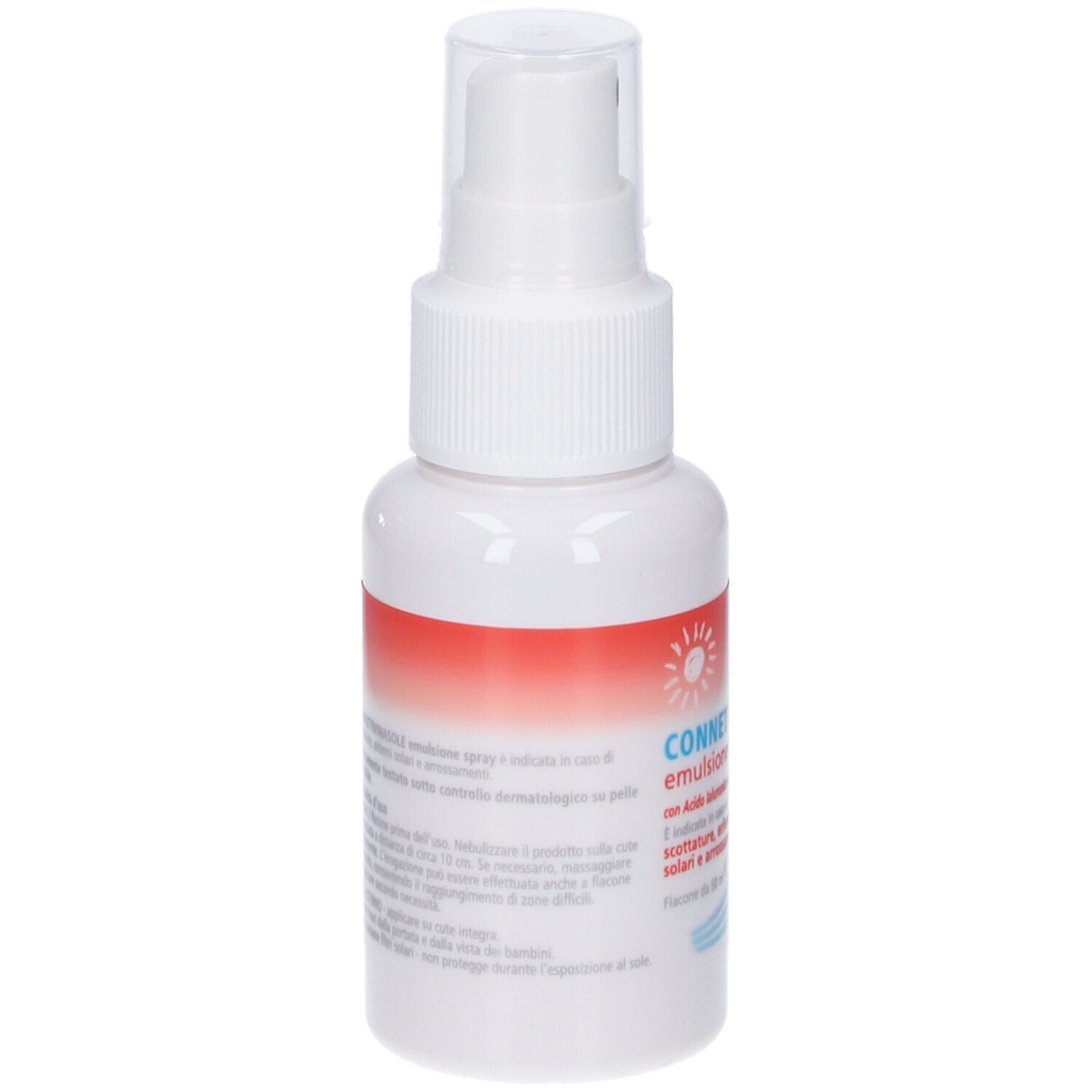 Retro di un flacone spray bianco con fascia rossa. Testo in italiano. Con erogatore.