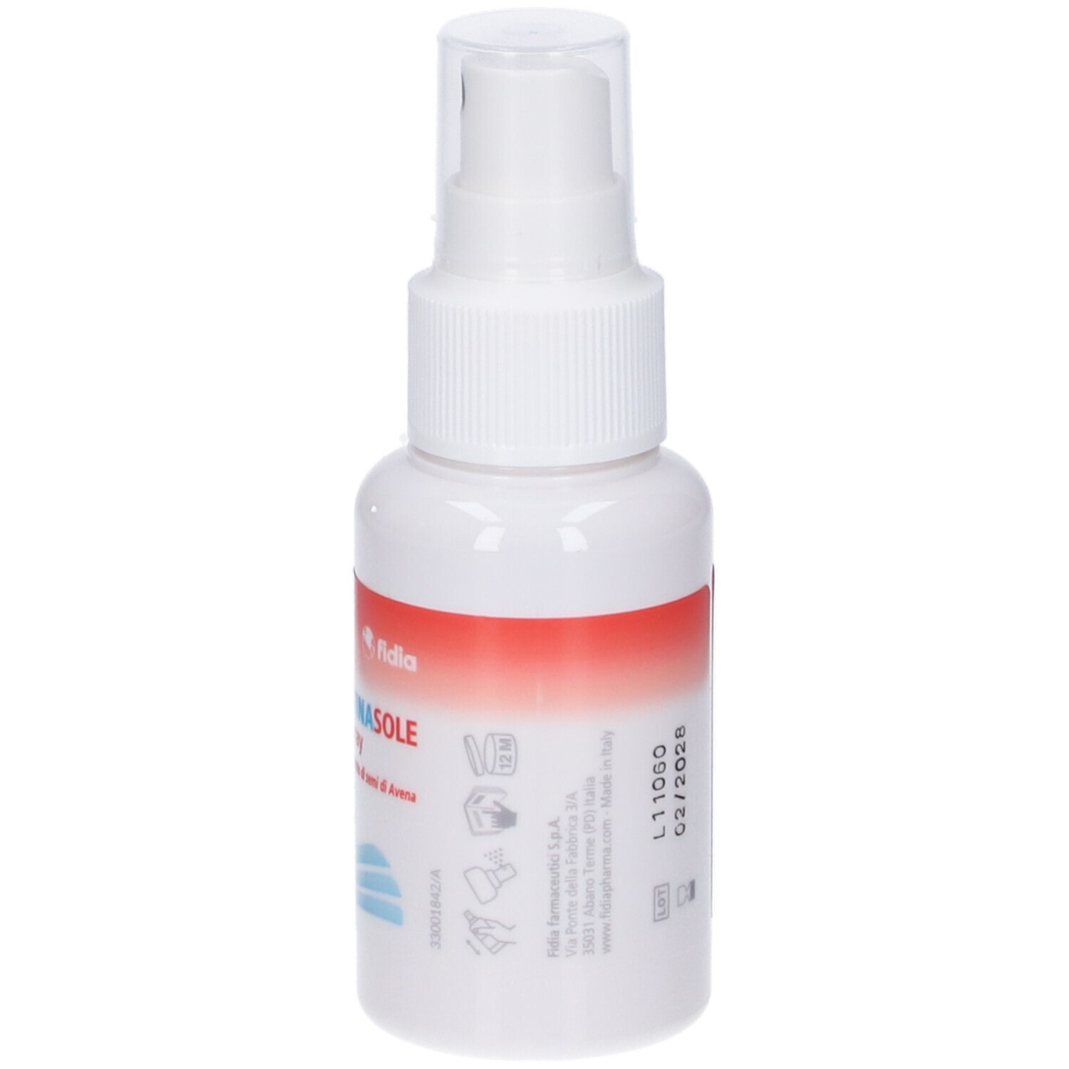 Retro di un flacone spray bianco con fascia rossa. Testo in italiano. Con erogatore. Data di scadenza.