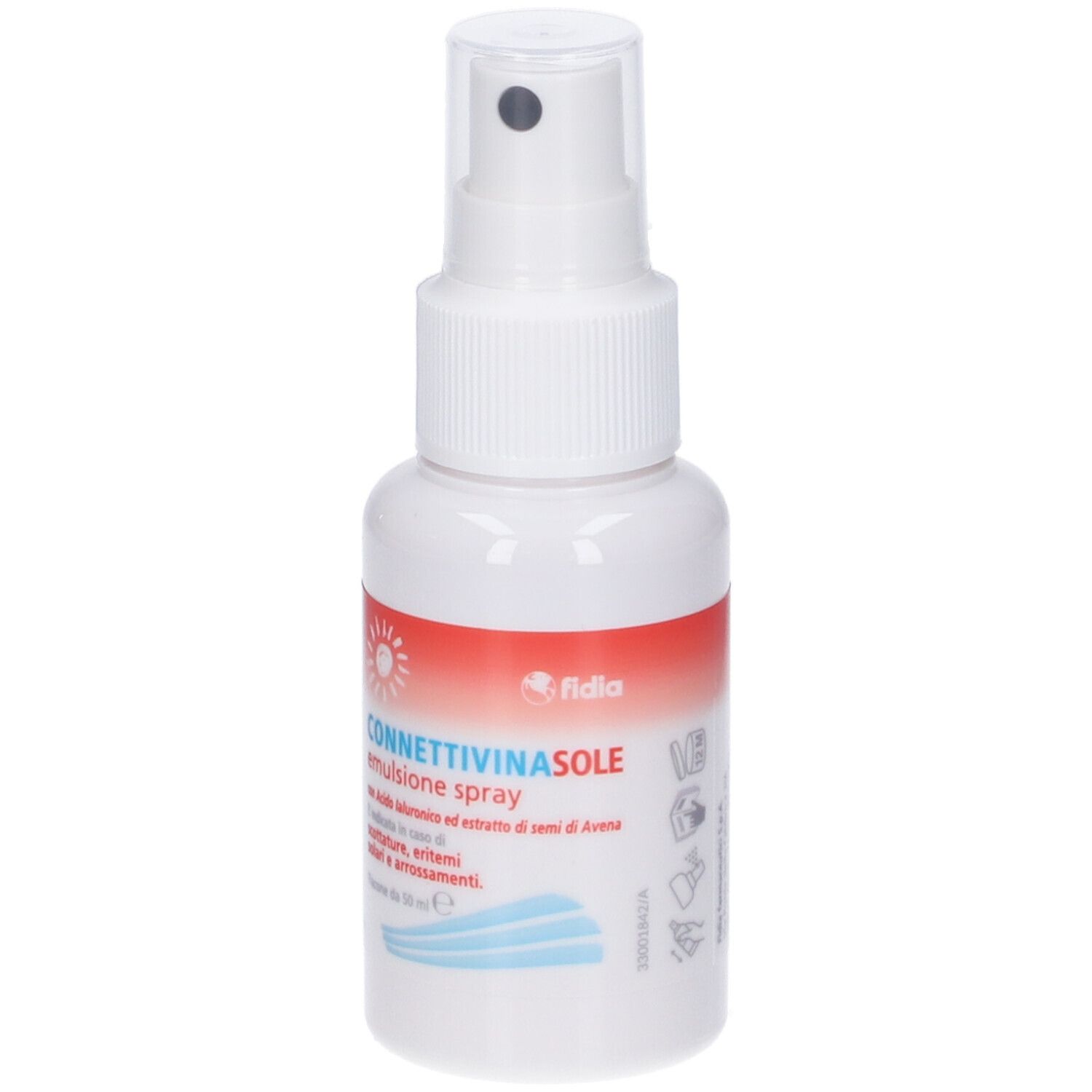 Flacone spray bianco con fascia rossa e nome del prodotto. Con erogatore. Marchio Fidia.