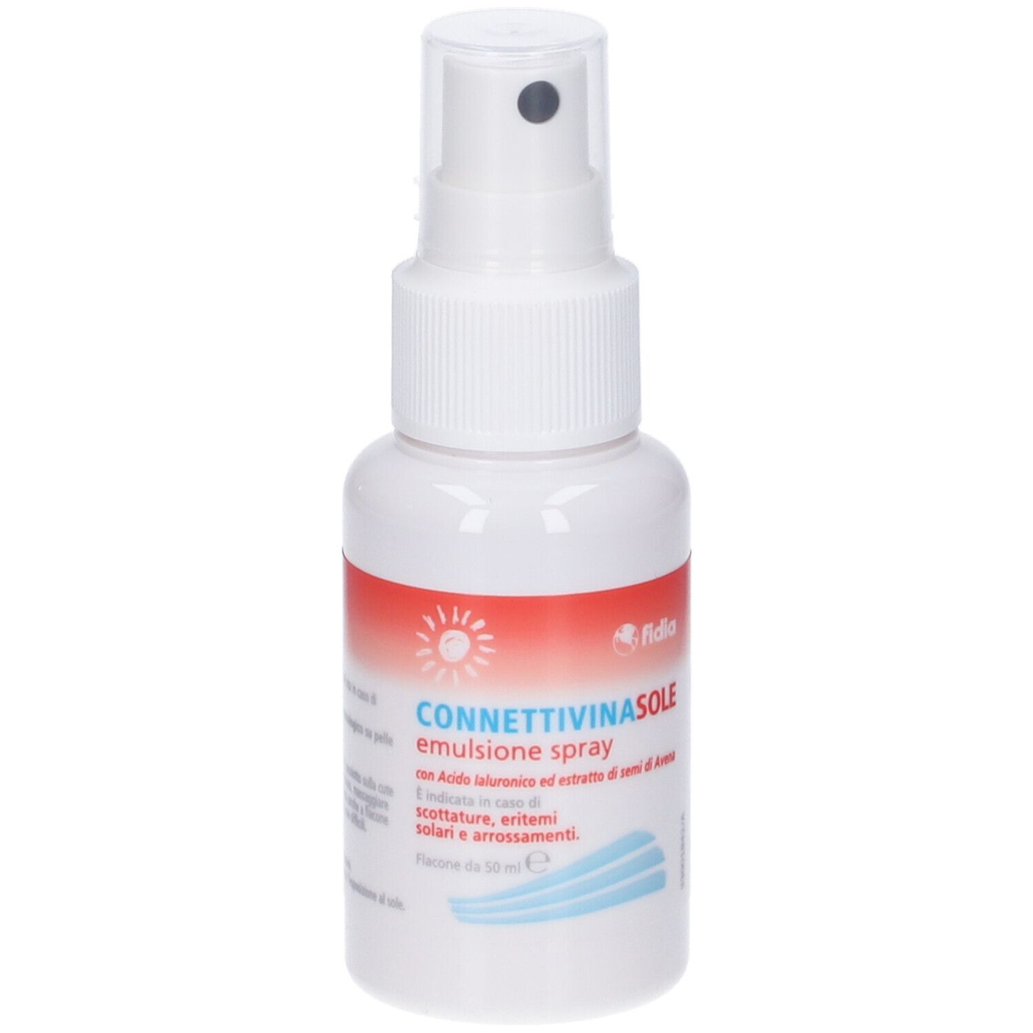 Flacone spray bianco con fascia rossa e nome del prodotto. Con erogatore. Marchio Fidia.