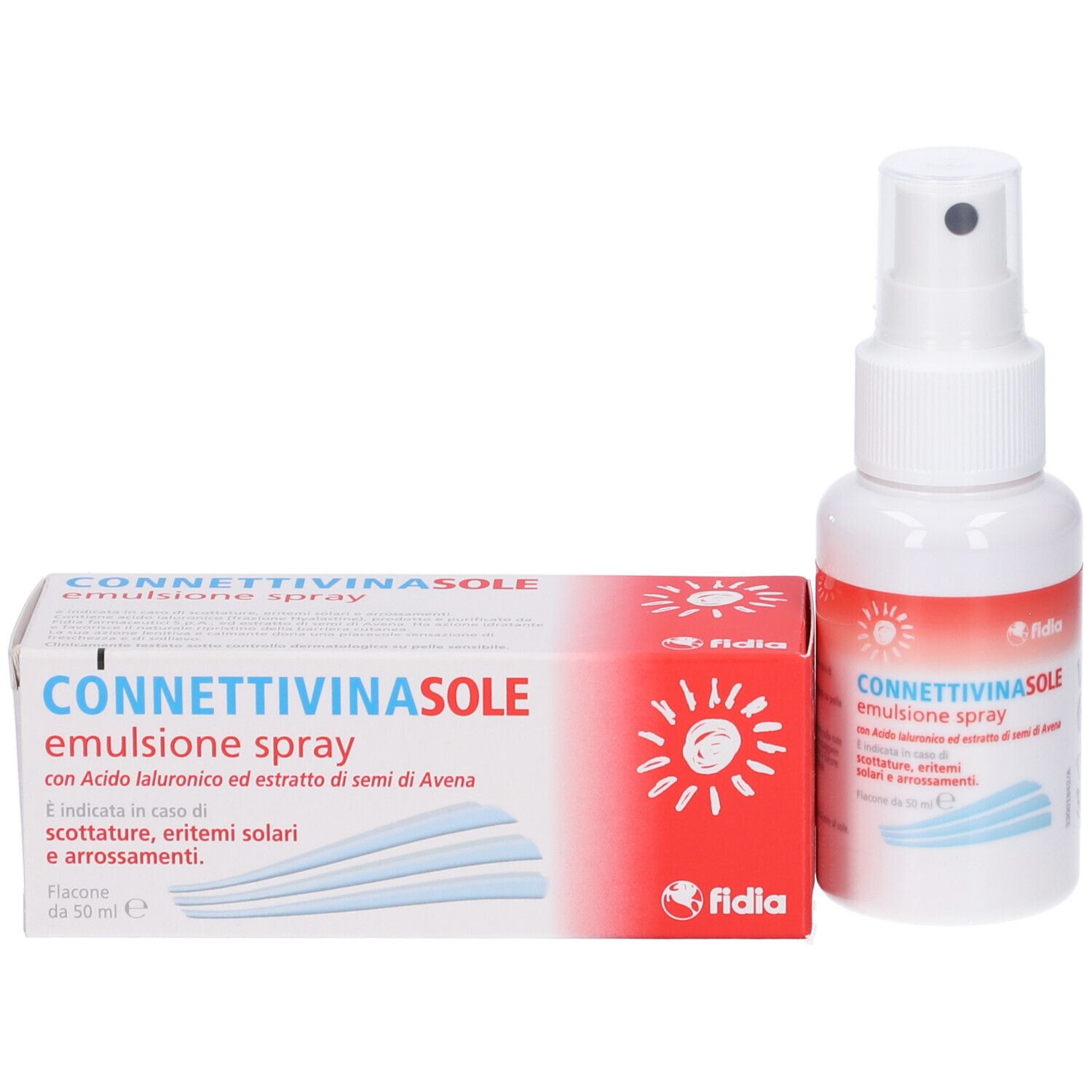 Flacone e scatola del prodotto. Flacone bianco con fascia rossa. Scatola con nome del prodotto.