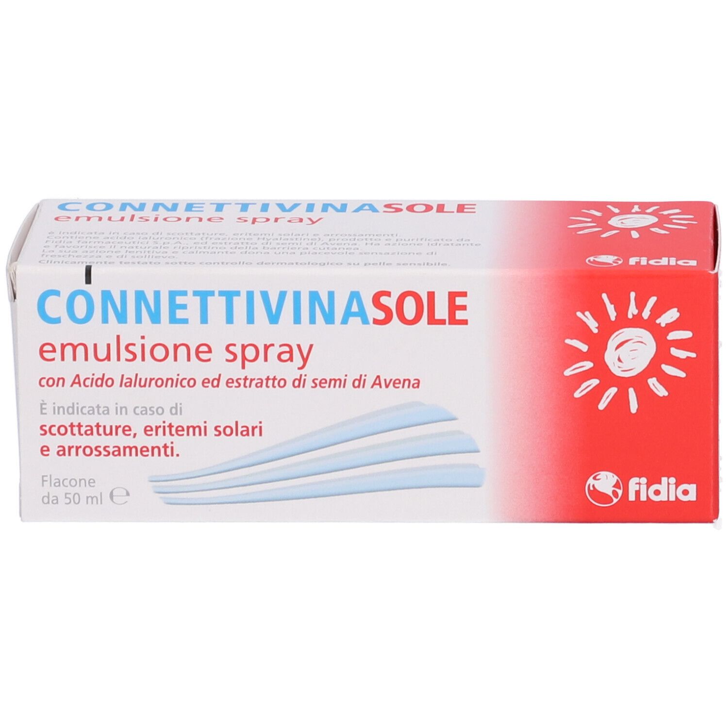Confezione del prodotto. Scatola bianca con fascia rossa e nome del prodotto. Marchio Fidia.