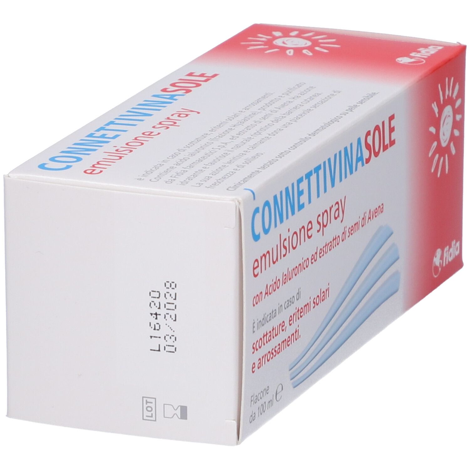 Confezione di Connettivinasole Spray. Scatola bianca con nome e logo. Mostra la data di scadenza e il numero di lotto.