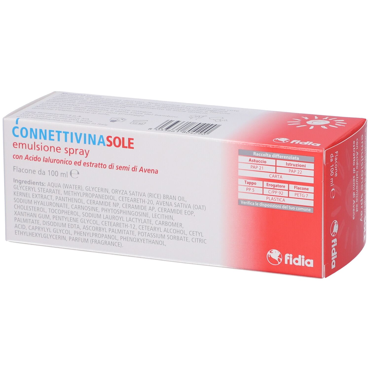 Confezione di Connettivinasole Spray. Scatola bianca con nome e logo. Contiene ingredienti e informazioni del produttore.