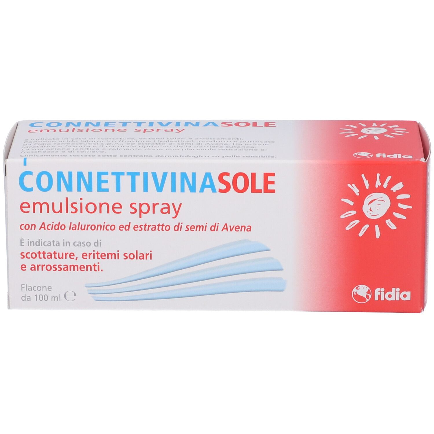 Confezione di Connettivinasole Spray. Scatola bianca e rossa con nome e logo. Contiene linee blu.
