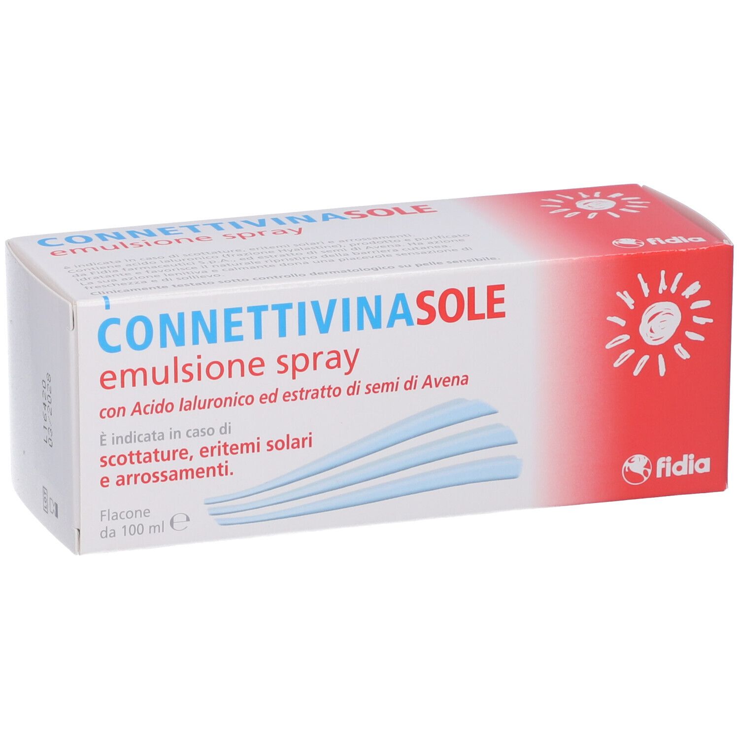 Confezione di Connettivinasole Spray. Scatola bianca e rossa con nome e logo. Contiene linee blu.